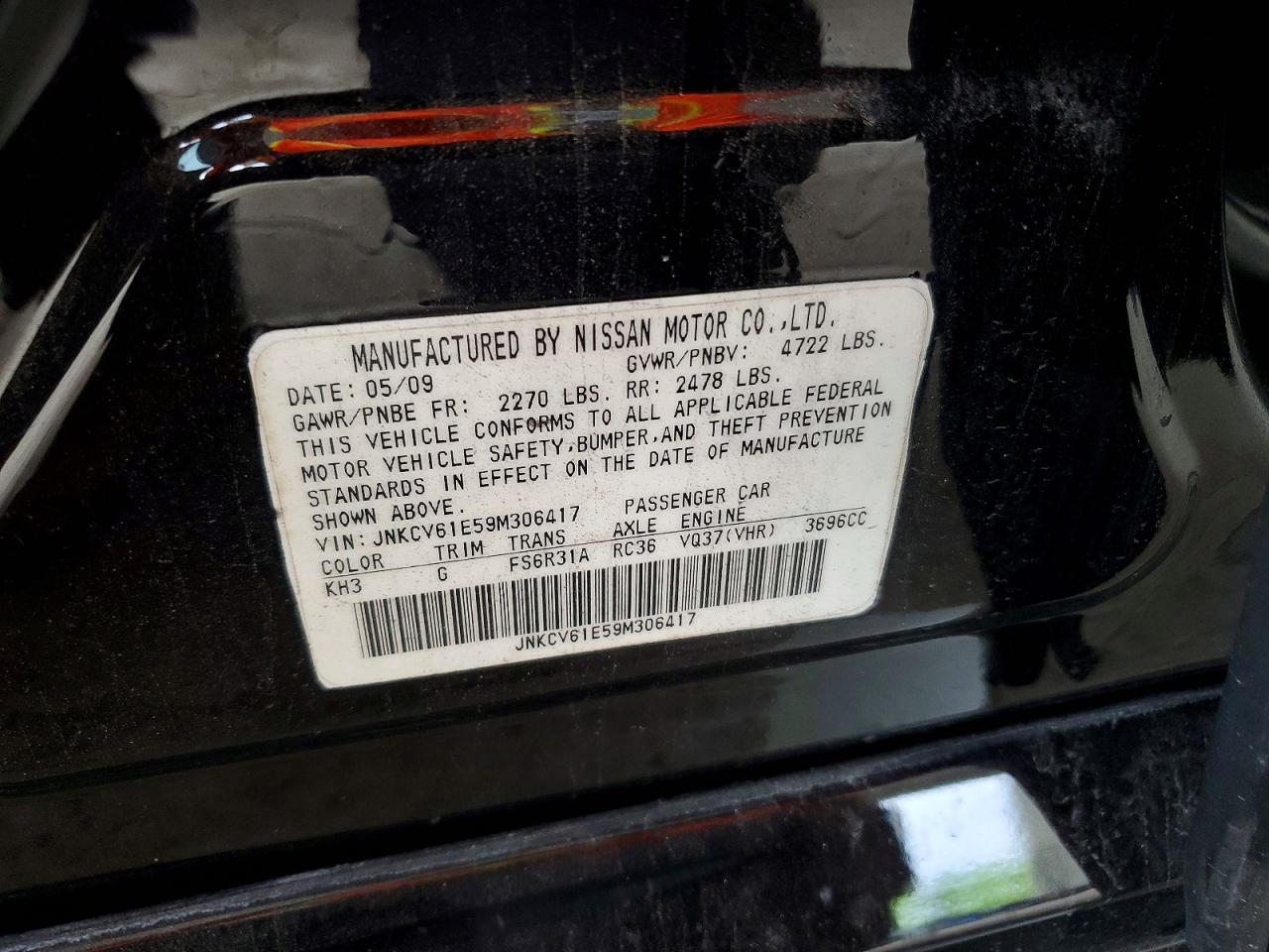 2009 Infiniti G37 Sedan Base Black vin: JNKCV61E59M306417