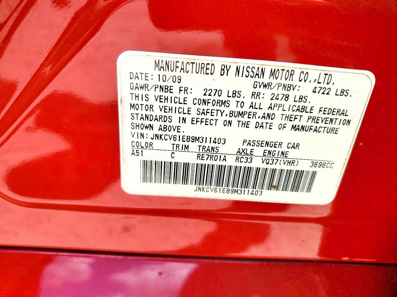 2009 Infiniti G37 Base/journey/sport Red vin: JNKCV61E89M311403