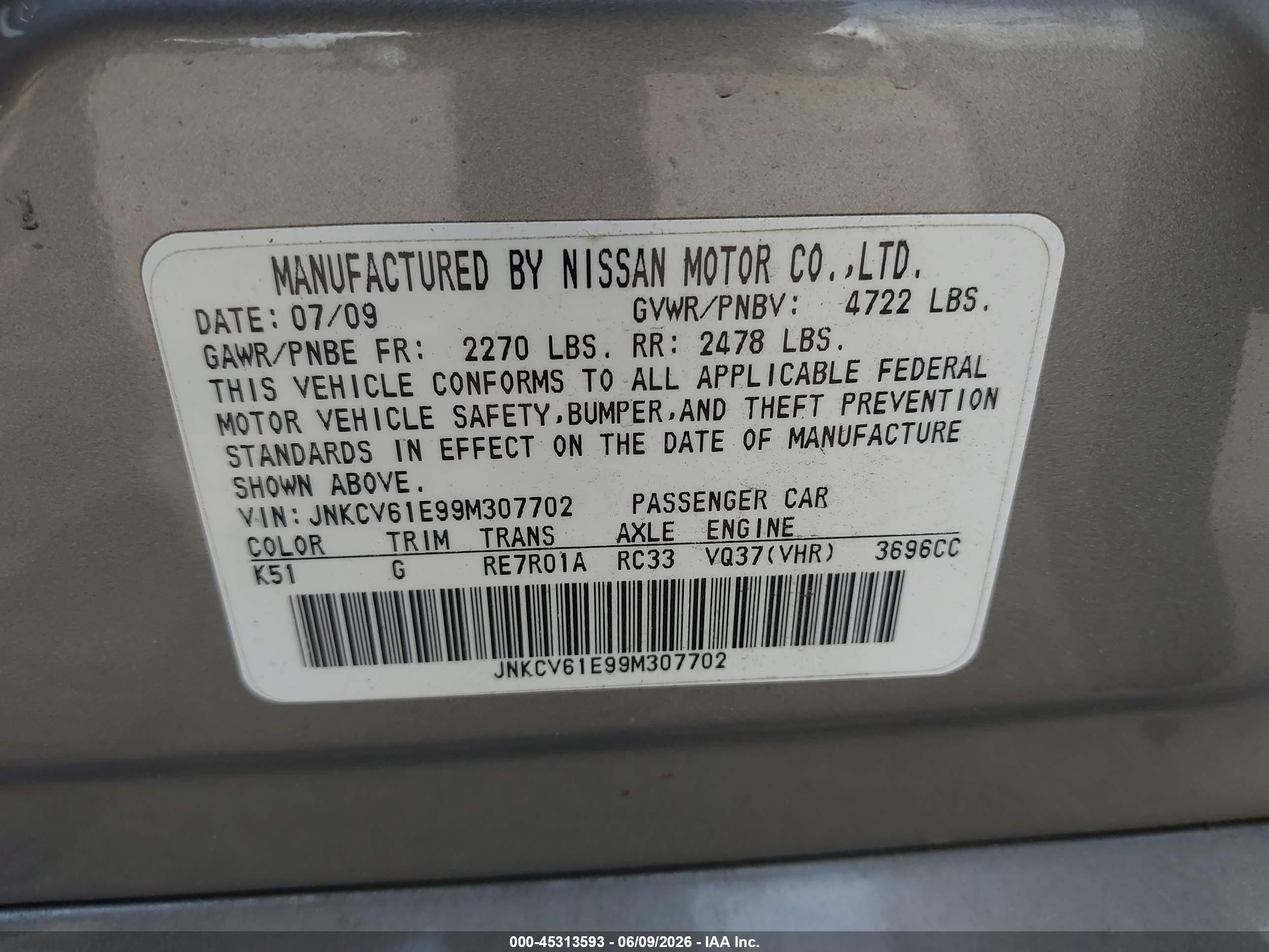 2009 Infiniti G37 Journey Gray vin: JNKCV61E99M307702