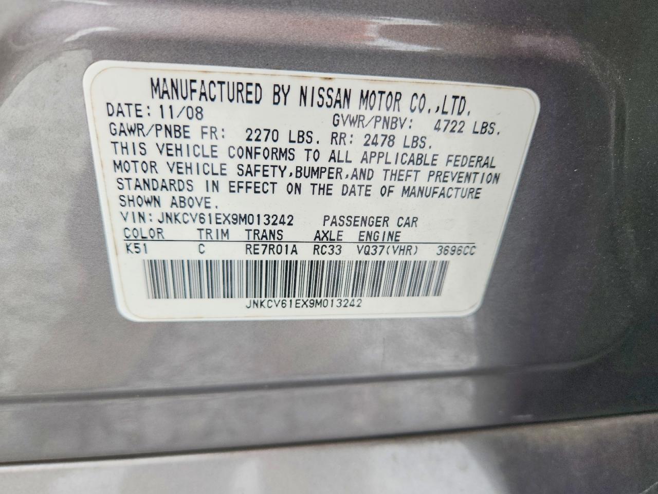 2009 Infiniti G37 Sedan Base Gray vin: JNKCV61EX9M013242