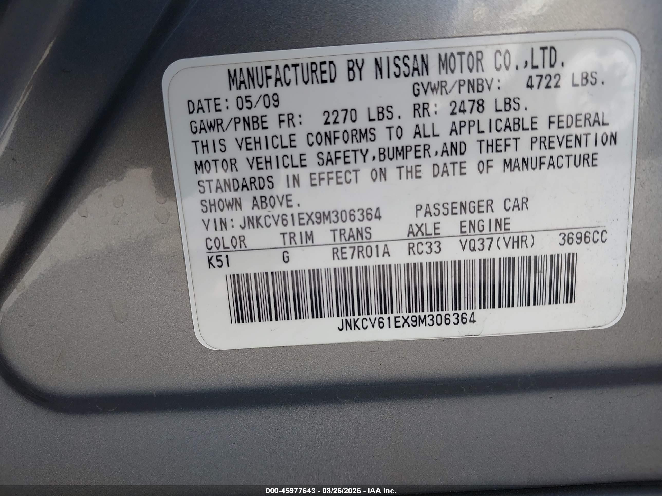 2009 Infiniti G37 Journey Gray vin: JNKCV61EX9M306364
