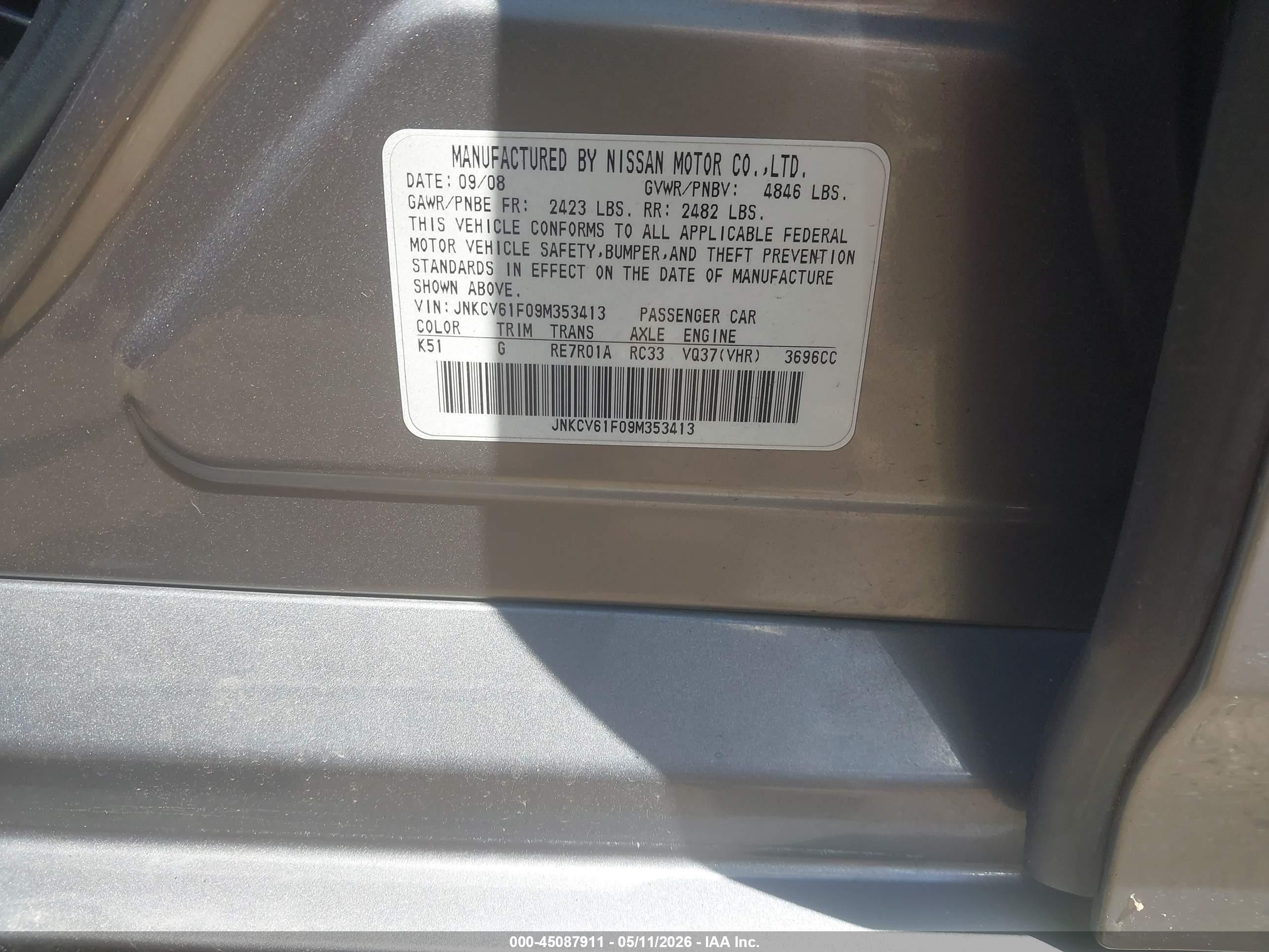 2009 Infiniti G37x   Серый vin: JNKCV61F09M353413