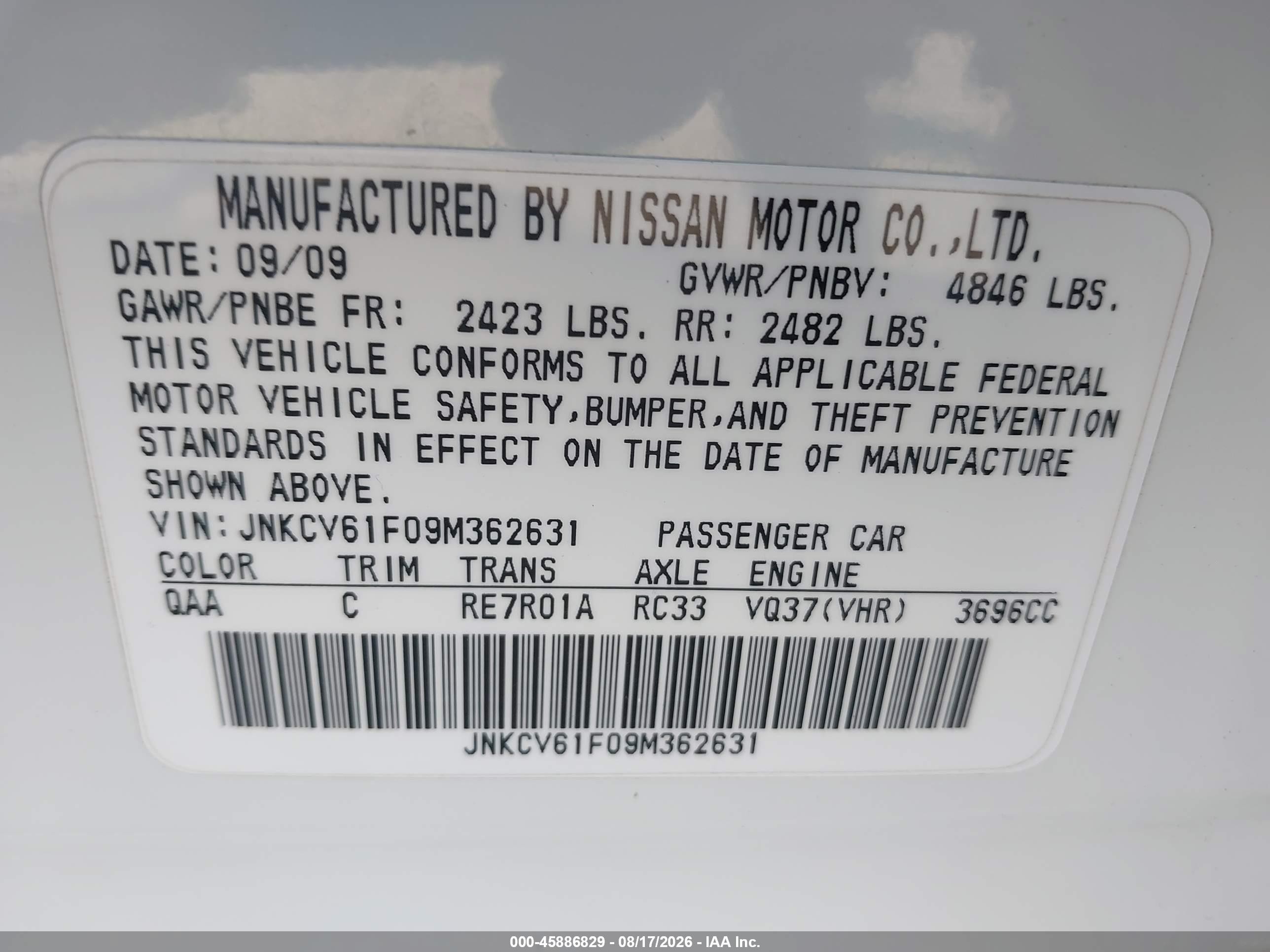 2009 Infiniti G37x   White vin: JNKCV61F09M362631