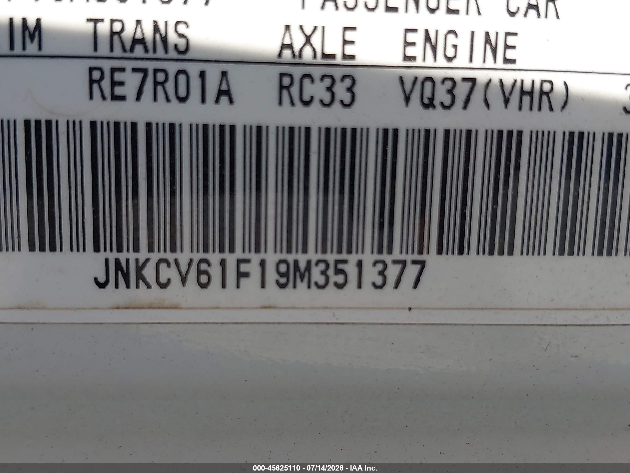 2009 Infiniti G37x   White vin: JNKCV61F19M351377