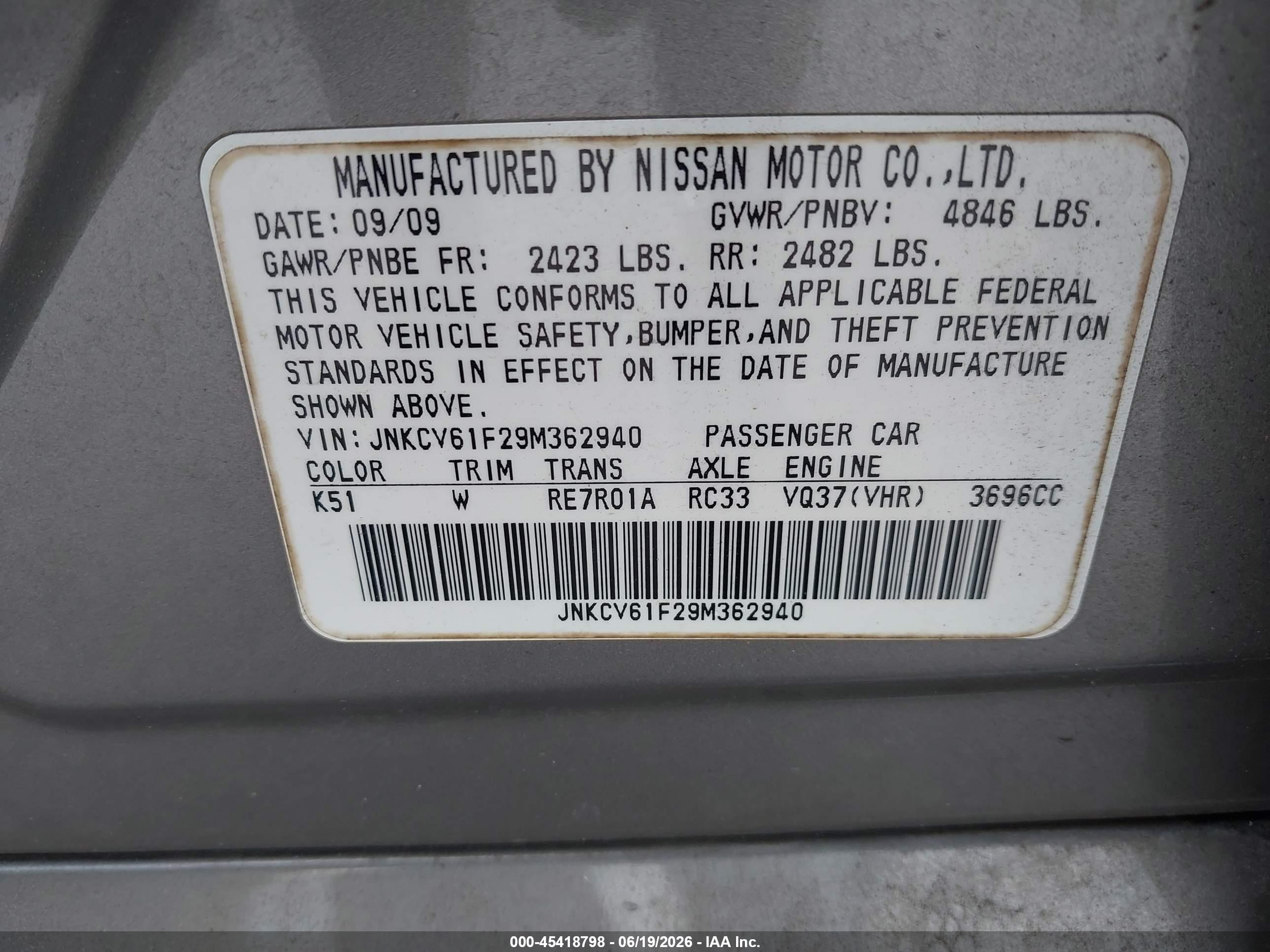 2009 Infiniti G37x   Gray vin: JNKCV61F29M362940