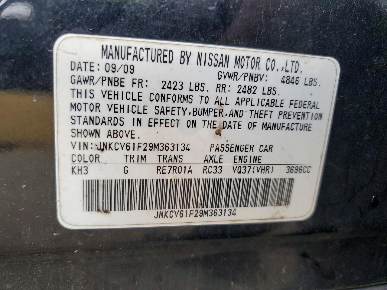 2009 Infiniti G37 Sedan X Black vin: JNKCV61F29M363134
