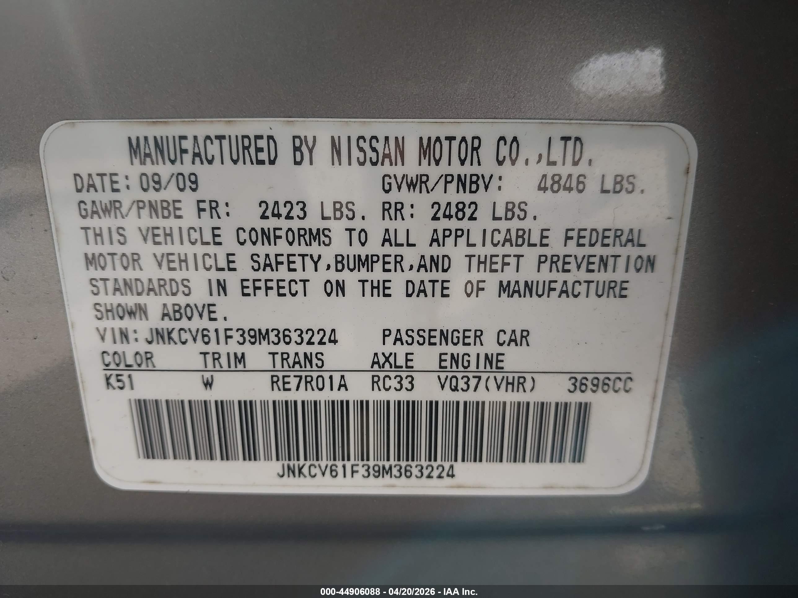 2009 Infiniti G37x   Silver vin: JNKCV61F39M363224