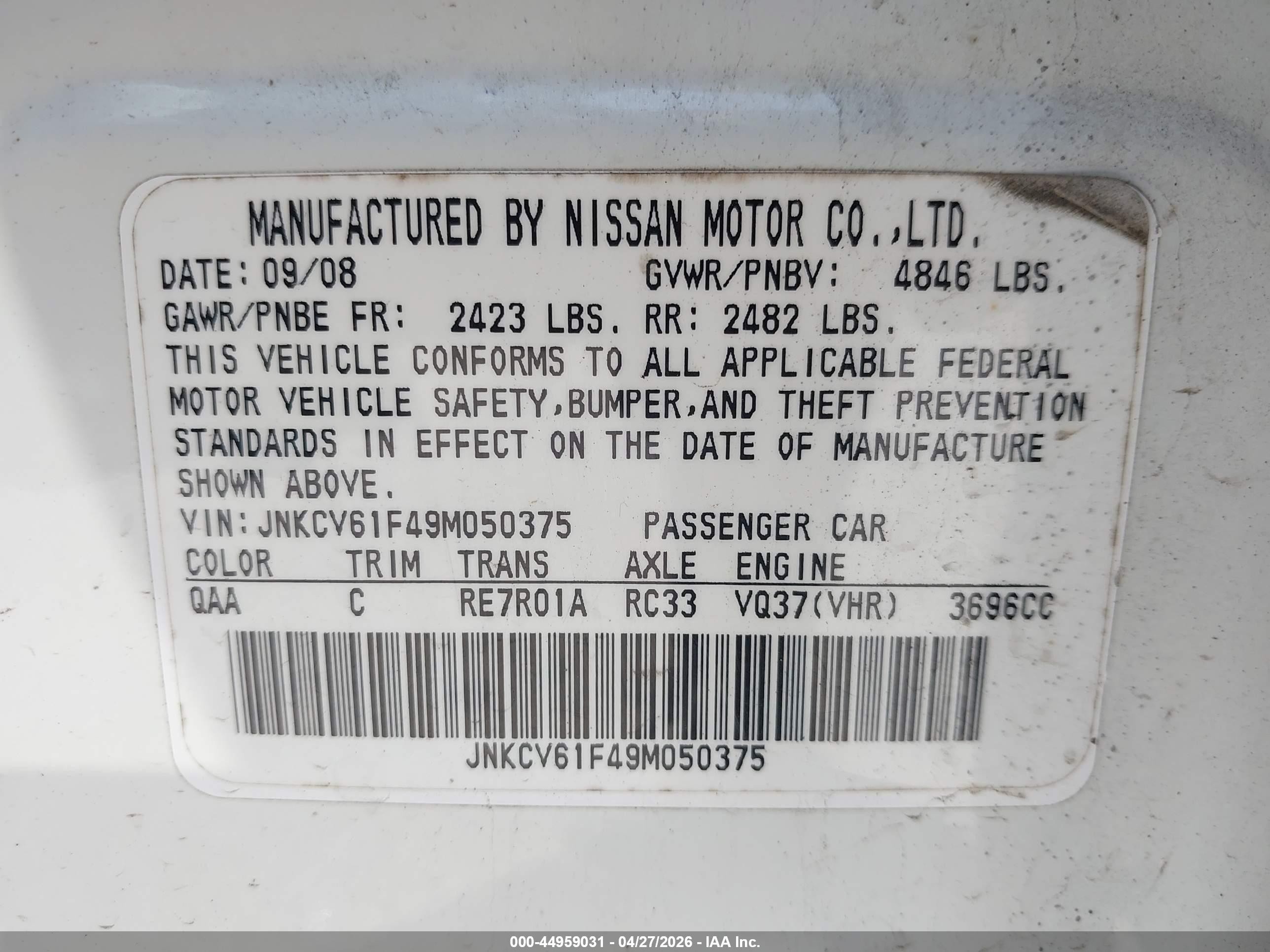 2009 Infiniti G37x   White vin: JNKCV61F49M050375