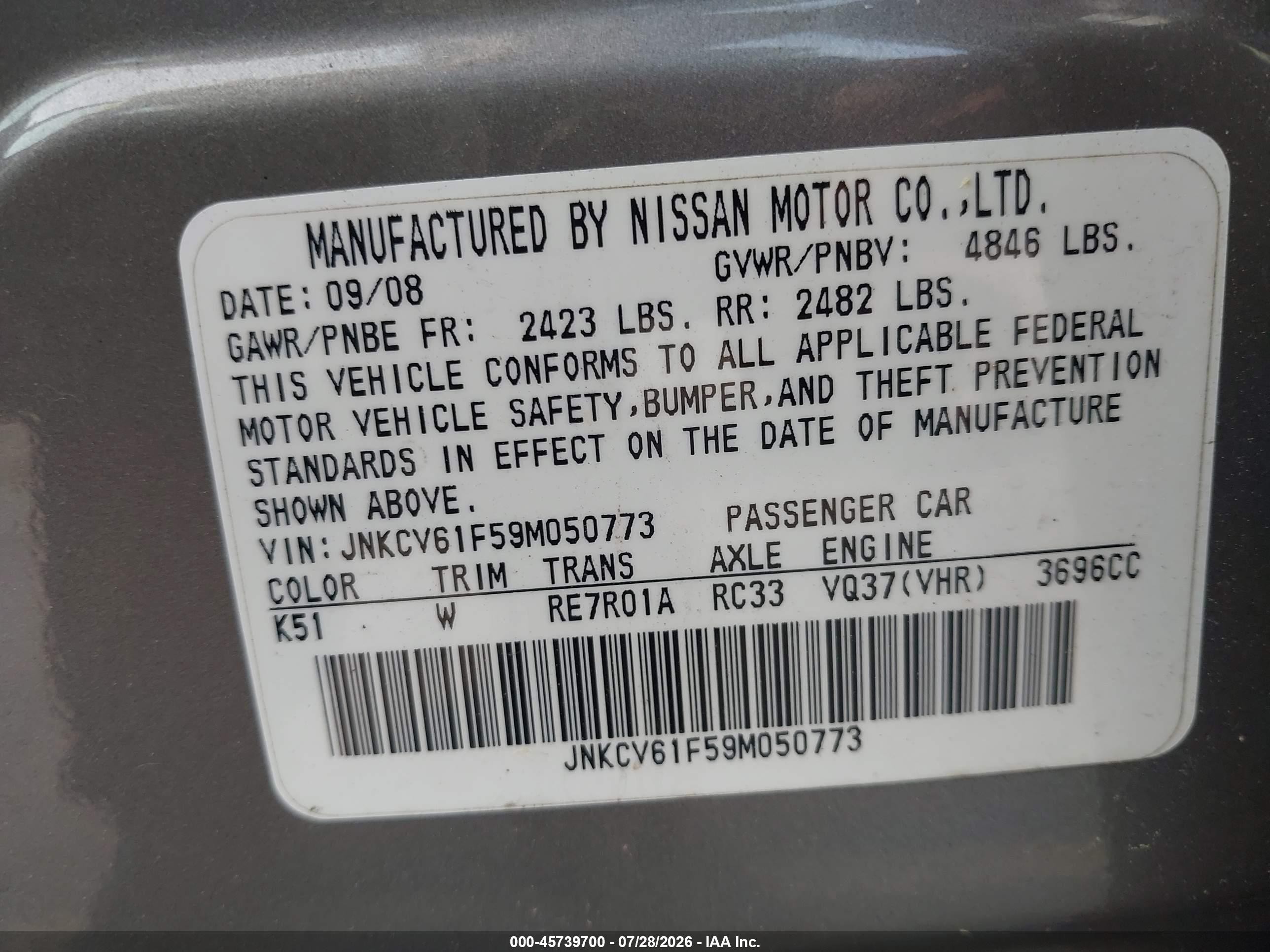 2009 Infiniti G37x   Gray vin: JNKCV61F59M050773