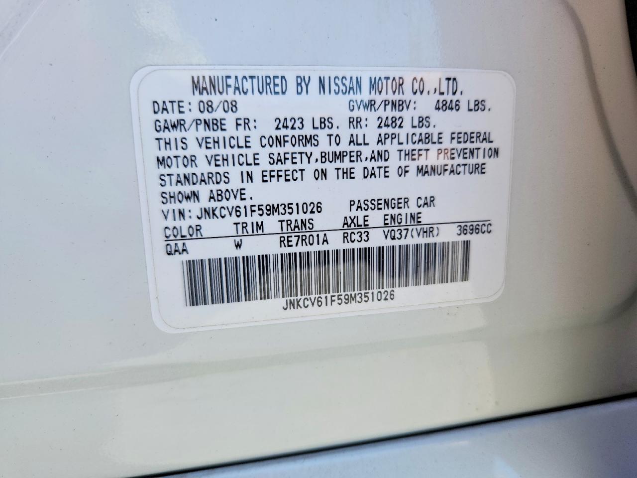 2009 Infiniti G37 Sedan X White vin: JNKCV61F59M351026