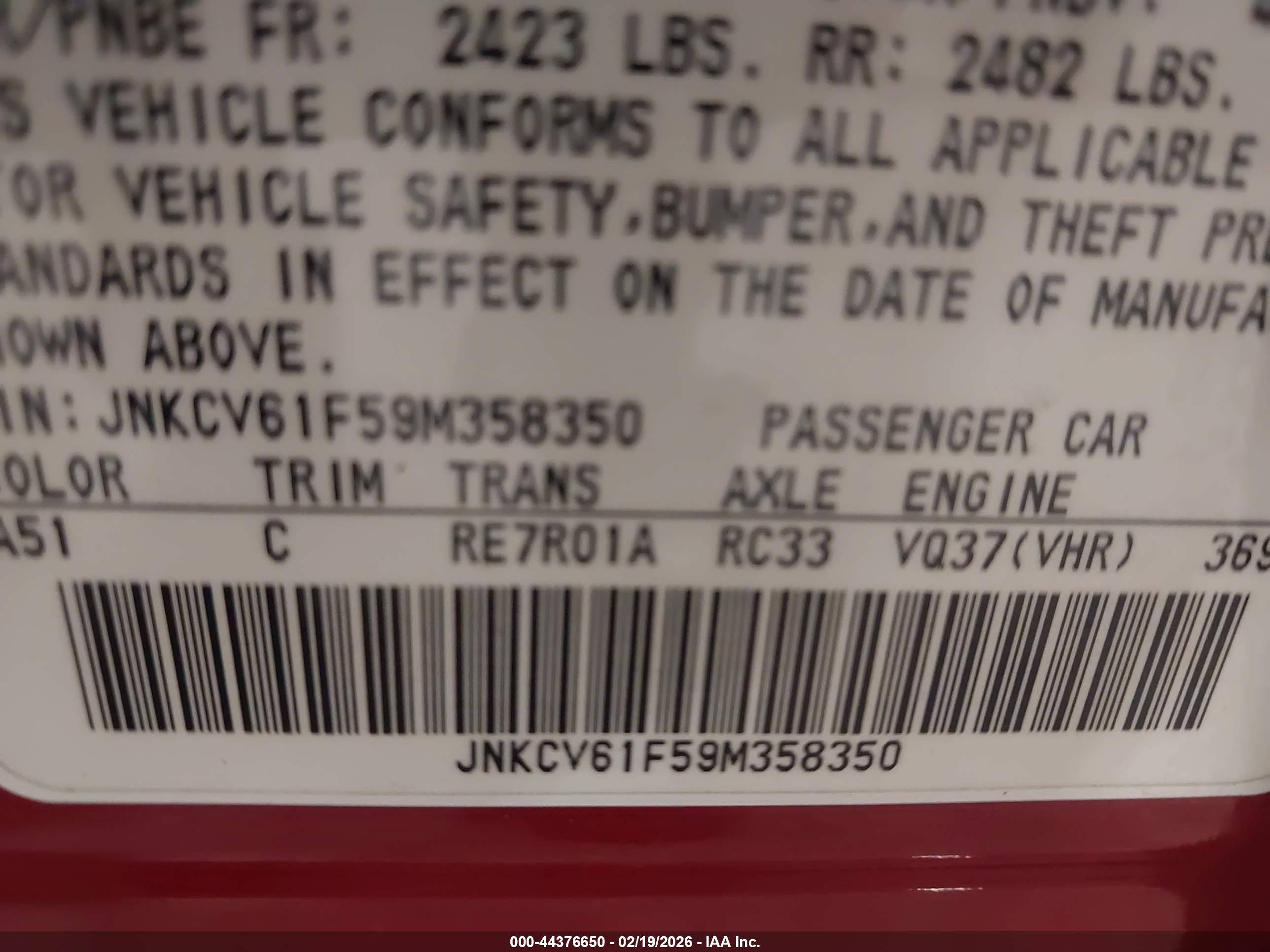 2009 Infiniti G37x   Red vin: JNKCV61F59M358350