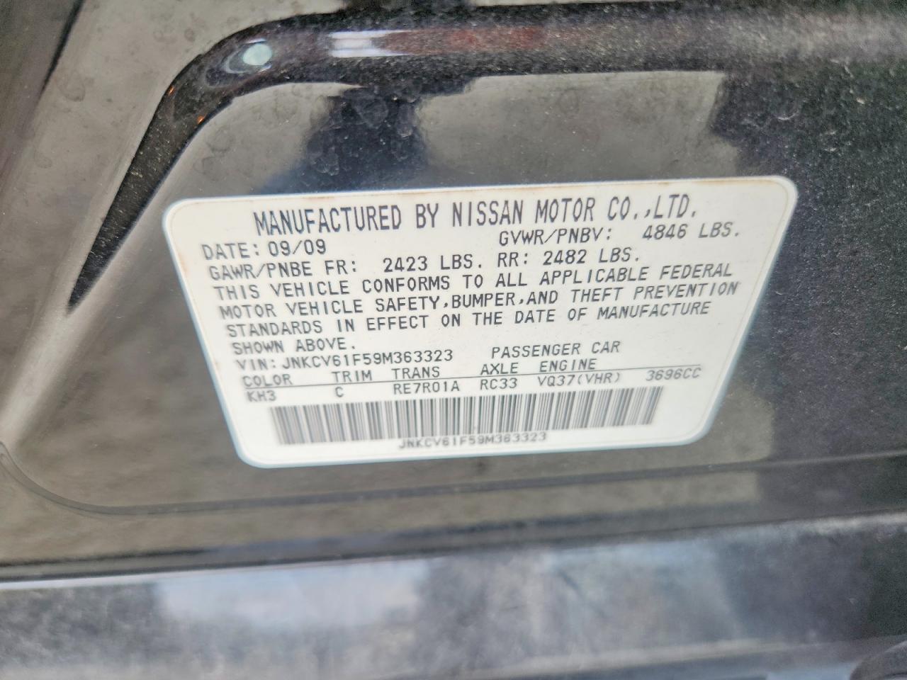 2009 Infiniti G37 Sedan X Black vin: JNKCV61F59M363323