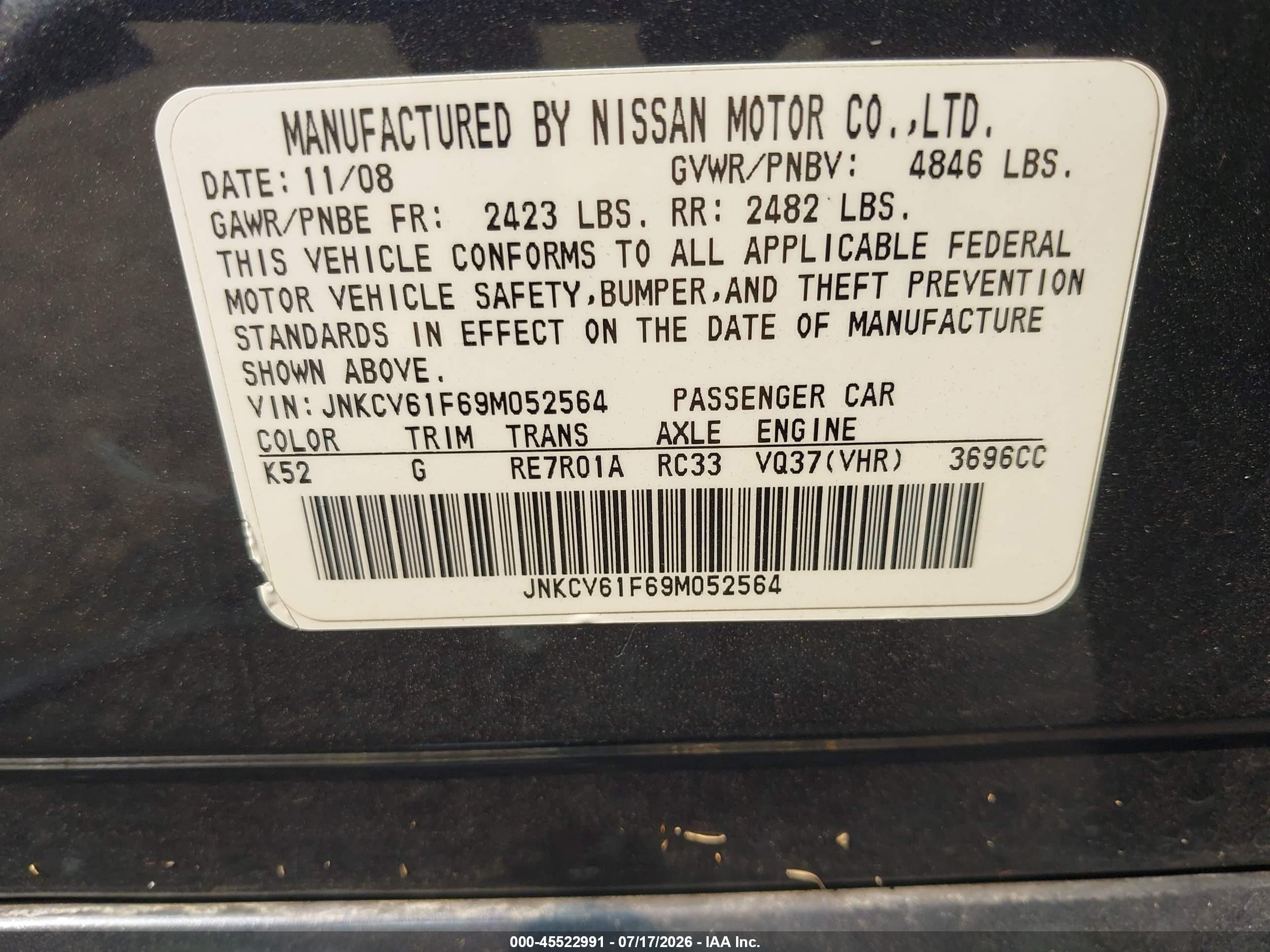 2009 Infiniti G37x   Dark Blue vin: JNKCV61F69M052564
