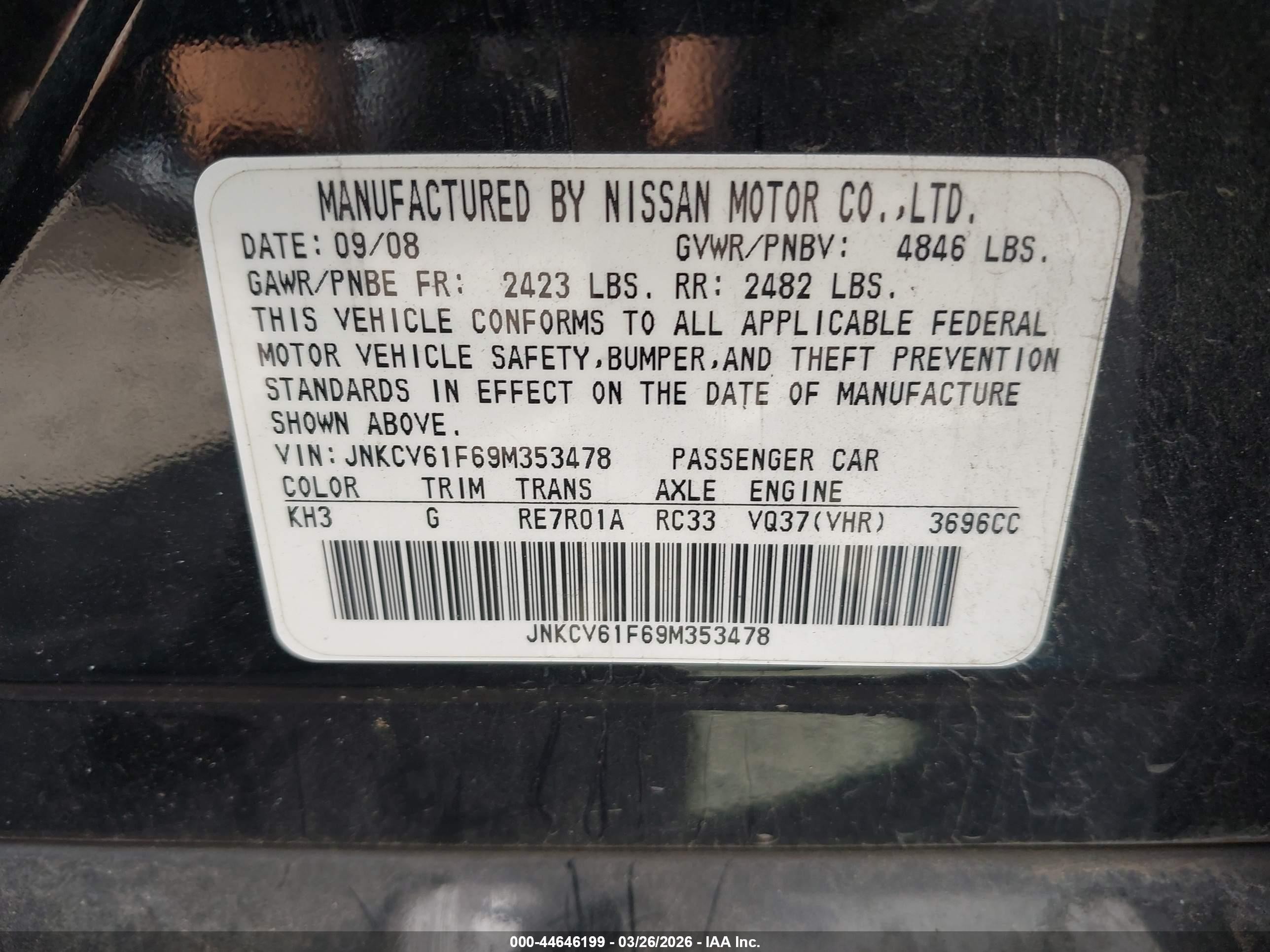 2009 Infiniti G37x   Black vin: JNKCV61F69M353478