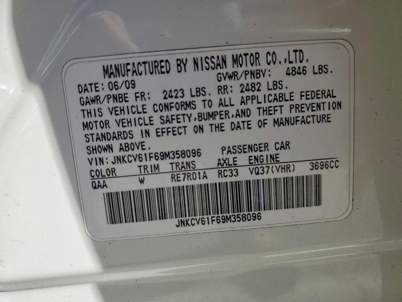 2009 Infiniti G37 Sedan X White vin: JNKCV61F69M358096
