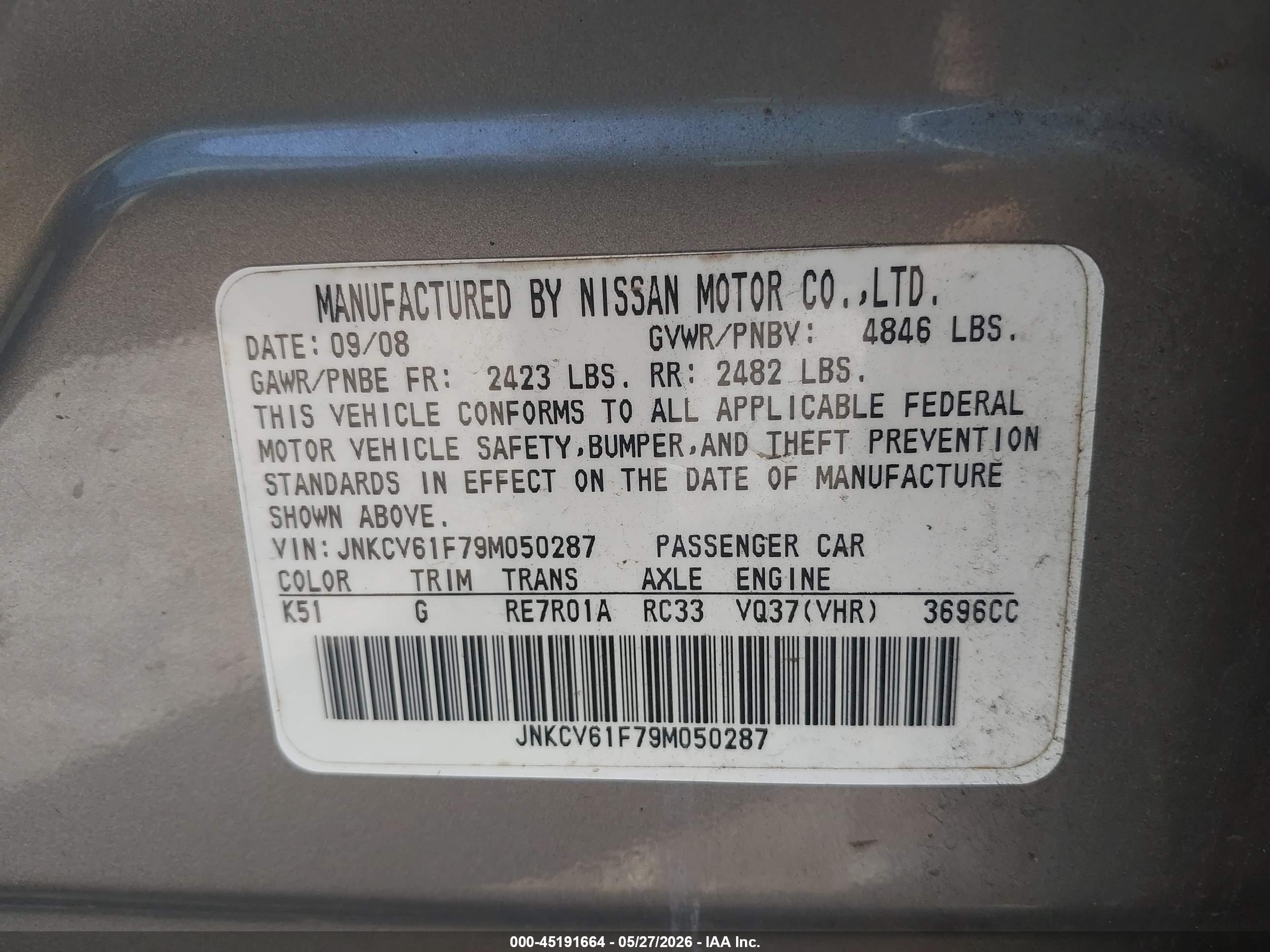 2009 Infiniti G37x   Gray vin: JNKCV61F79M050287