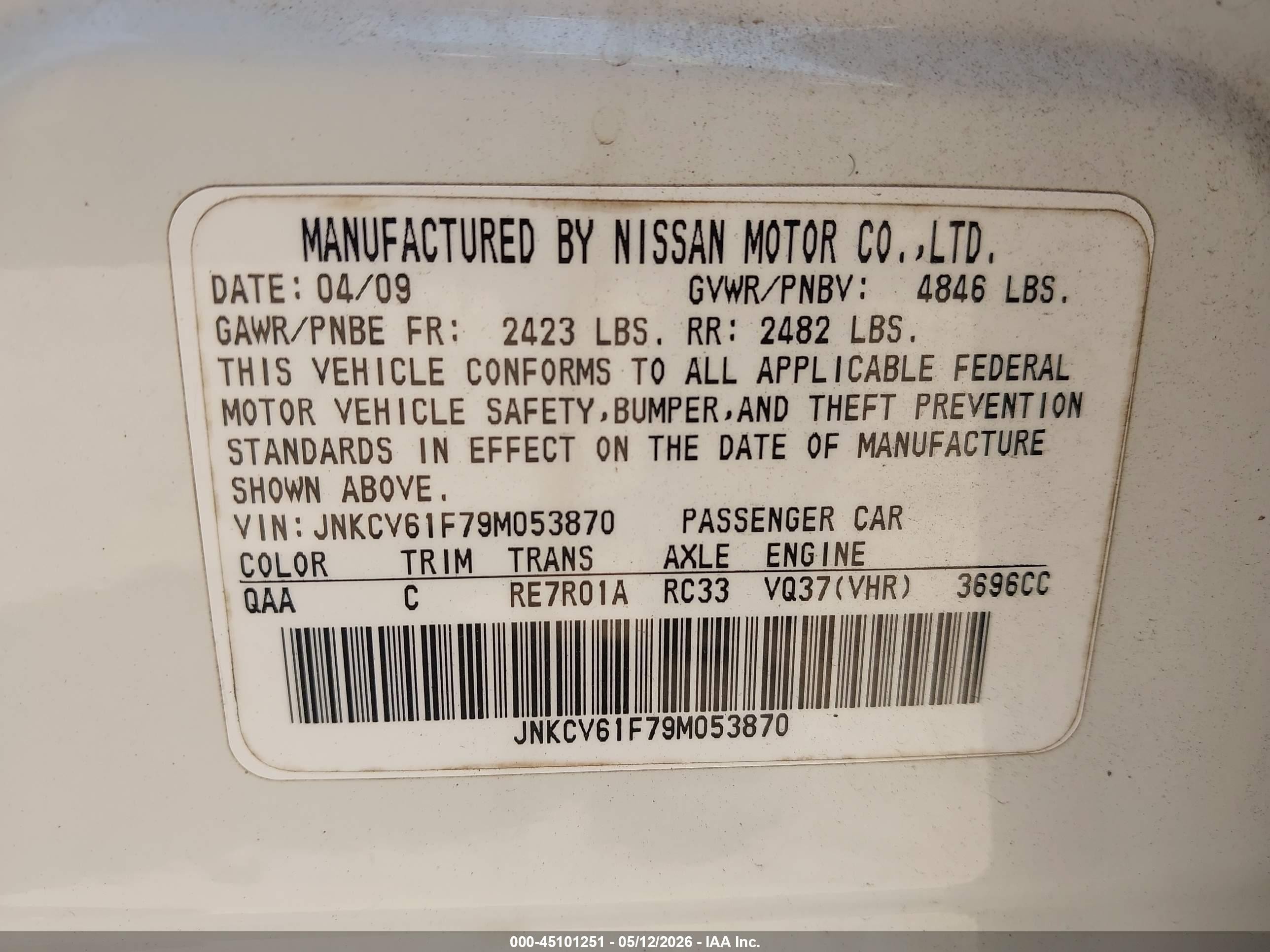 2009 Infiniti G37x   White vin: JNKCV61F79M053870