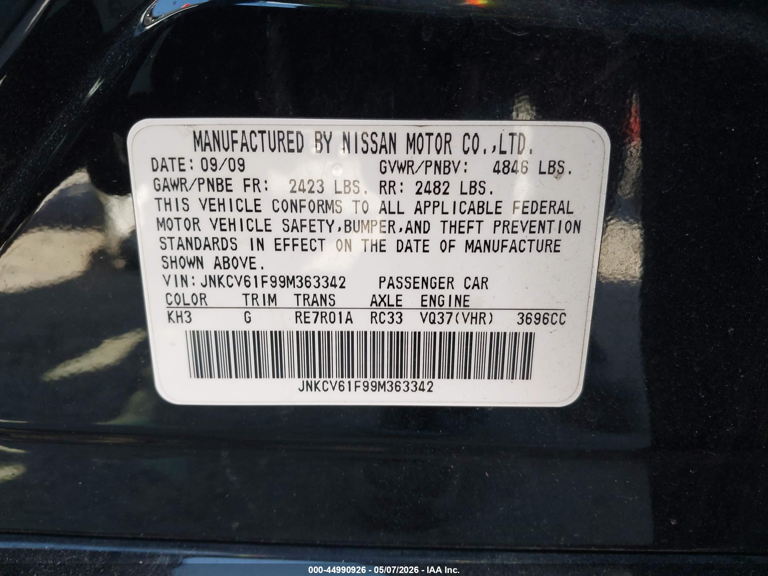 2009 Infiniti G37x   Black vin: JNKCV61F99M363342