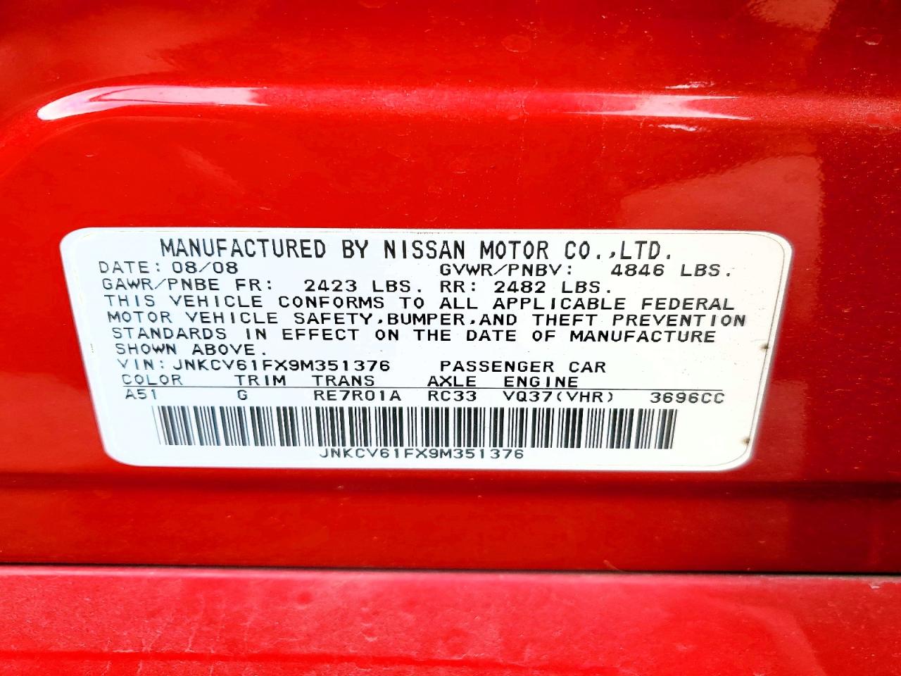 2009 Infiniti G37 Sedan X Red vin: JNKCV61FX9M351376