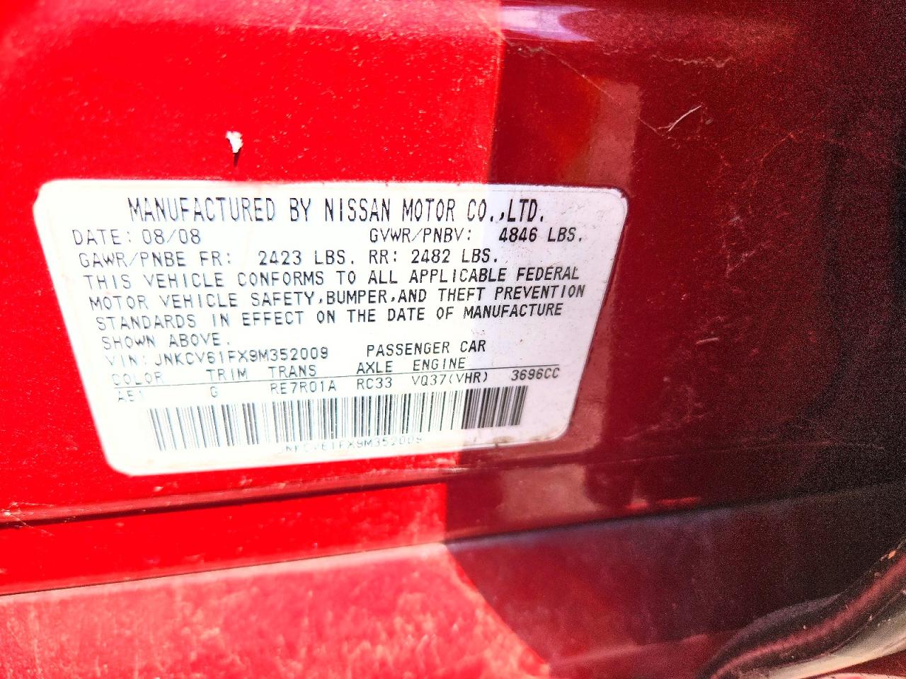 2009 Infiniti G37 Sedan X Red vin: JNKCV61FX9M352009