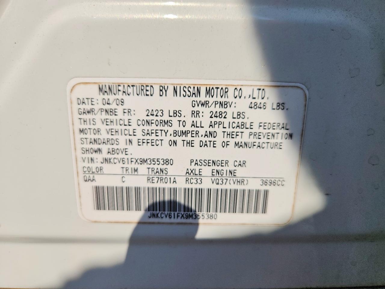 2009 Infiniti G37 Sedan X White vin: JNKCV61FX9M355380