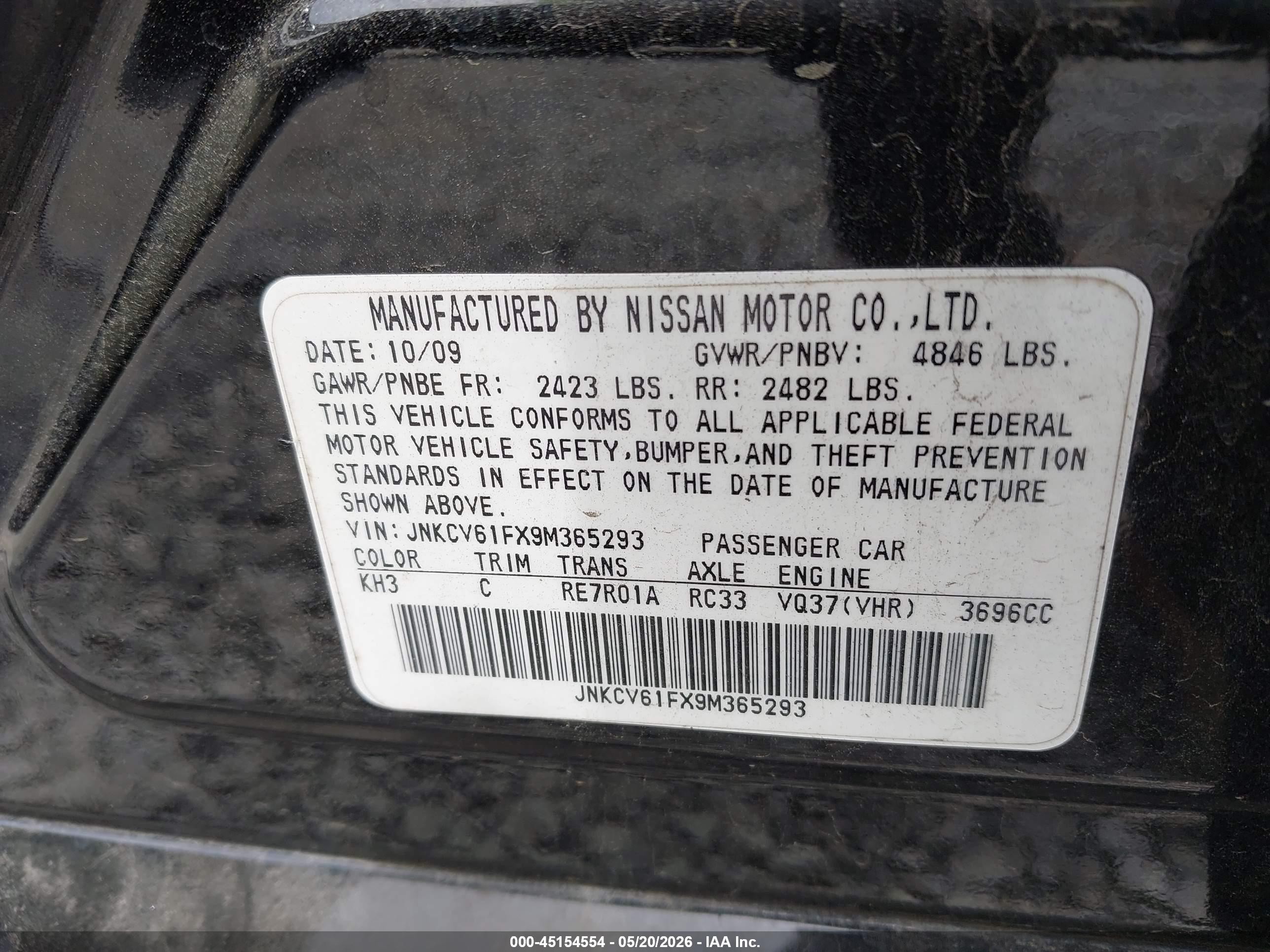 2009 Infiniti G37x   Black vin: JNKCV61FX9M365293