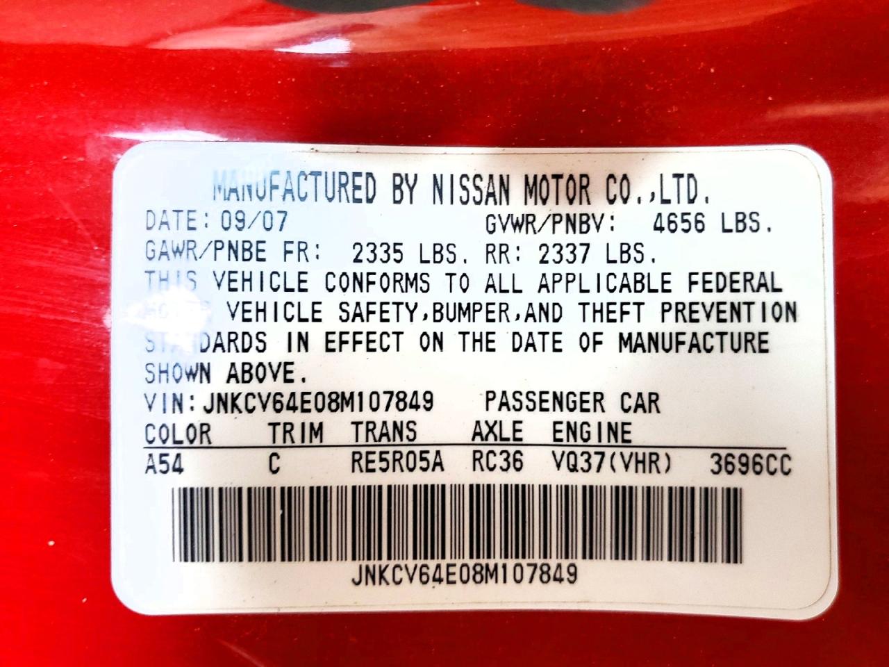 2008 Infiniti G37 Base Red vin: JNKCV64E08M107849