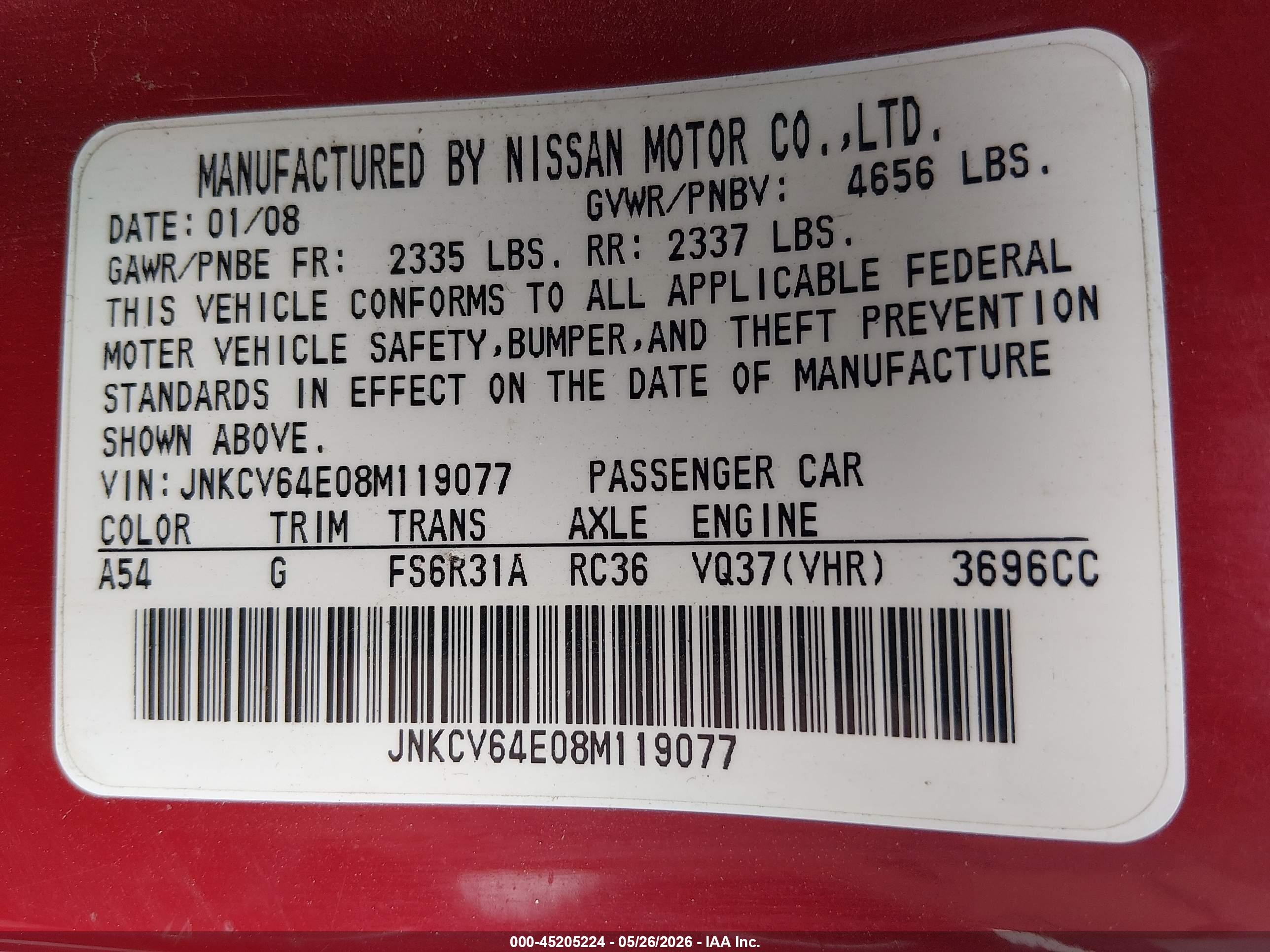 2008 Infiniti G37 Sport Красный vin: JNKCV64E08M119077