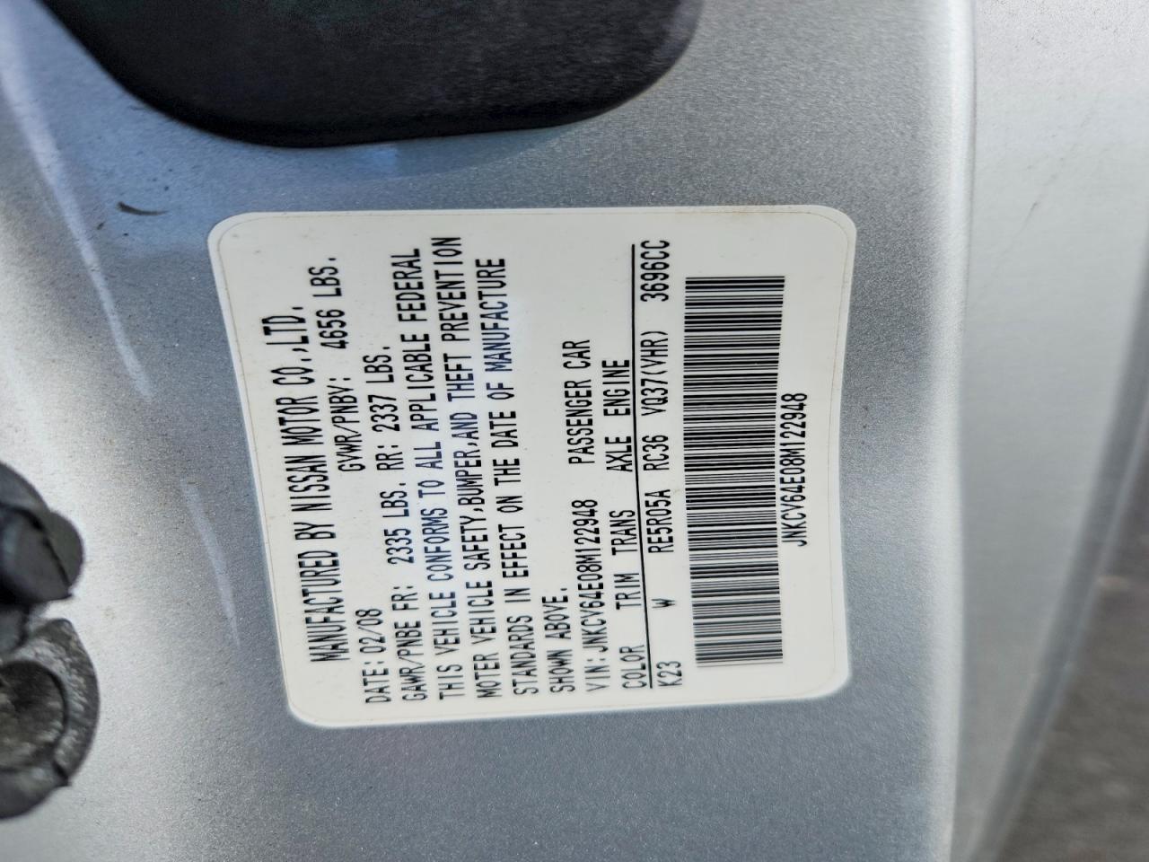 2008 Infiniti G37 Base Silver vin: JNKCV64E08M122948