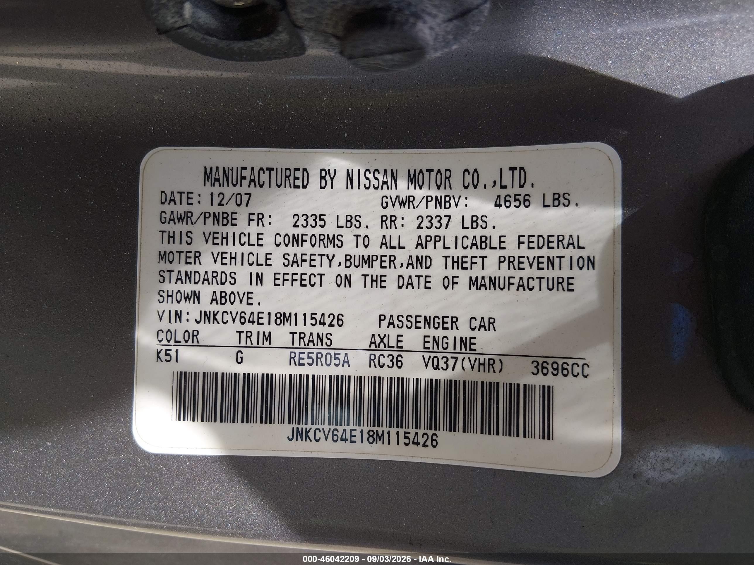 2008 Infiniti G37 Journey Silver vin: JNKCV64E18M115426