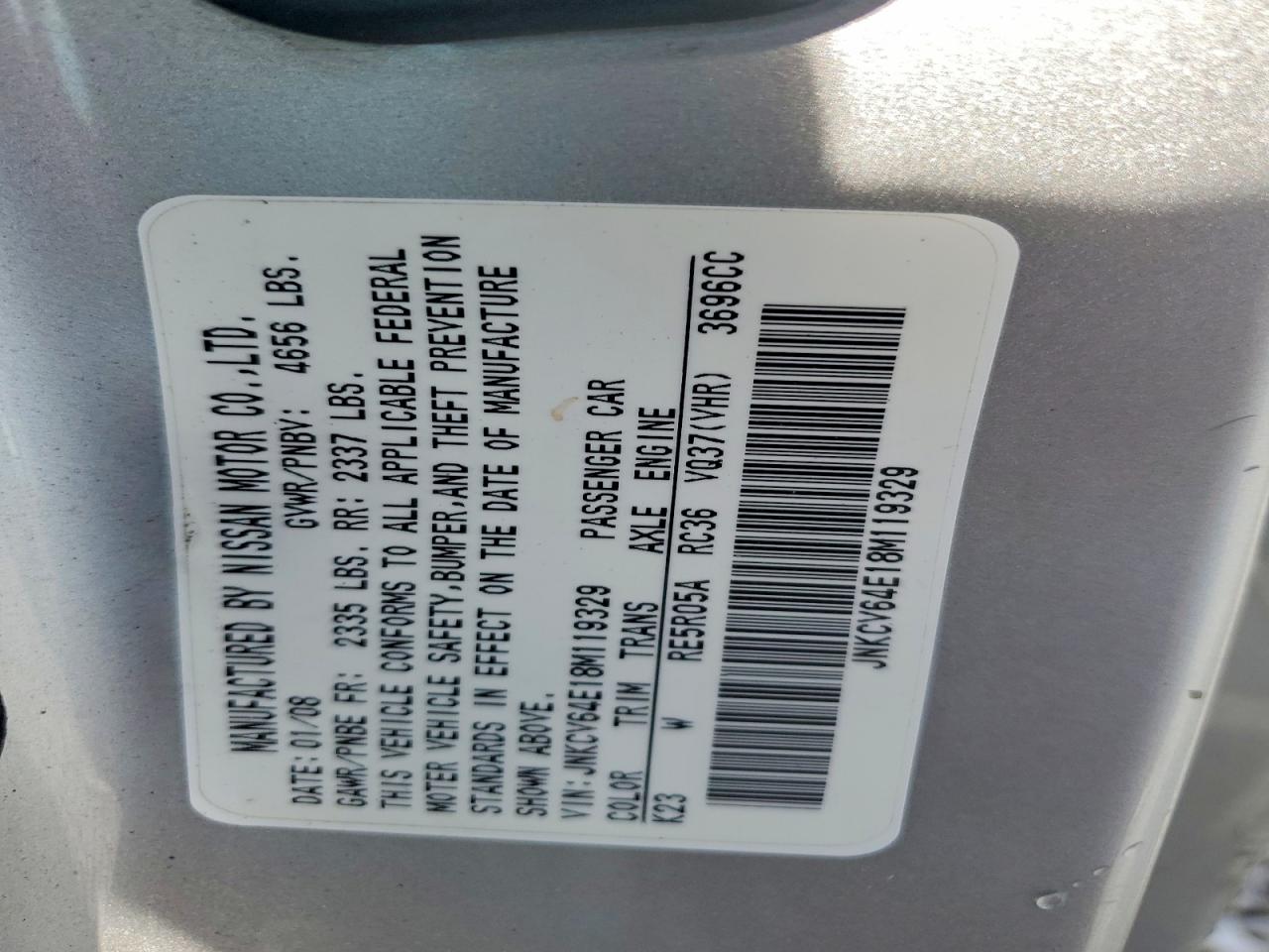 2008 Infiniti G37 Base Silver vin: JNKCV64E18M119329