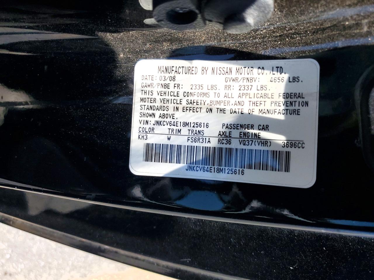2008 Infiniti G37 Base Black vin: JNKCV64E18M125616