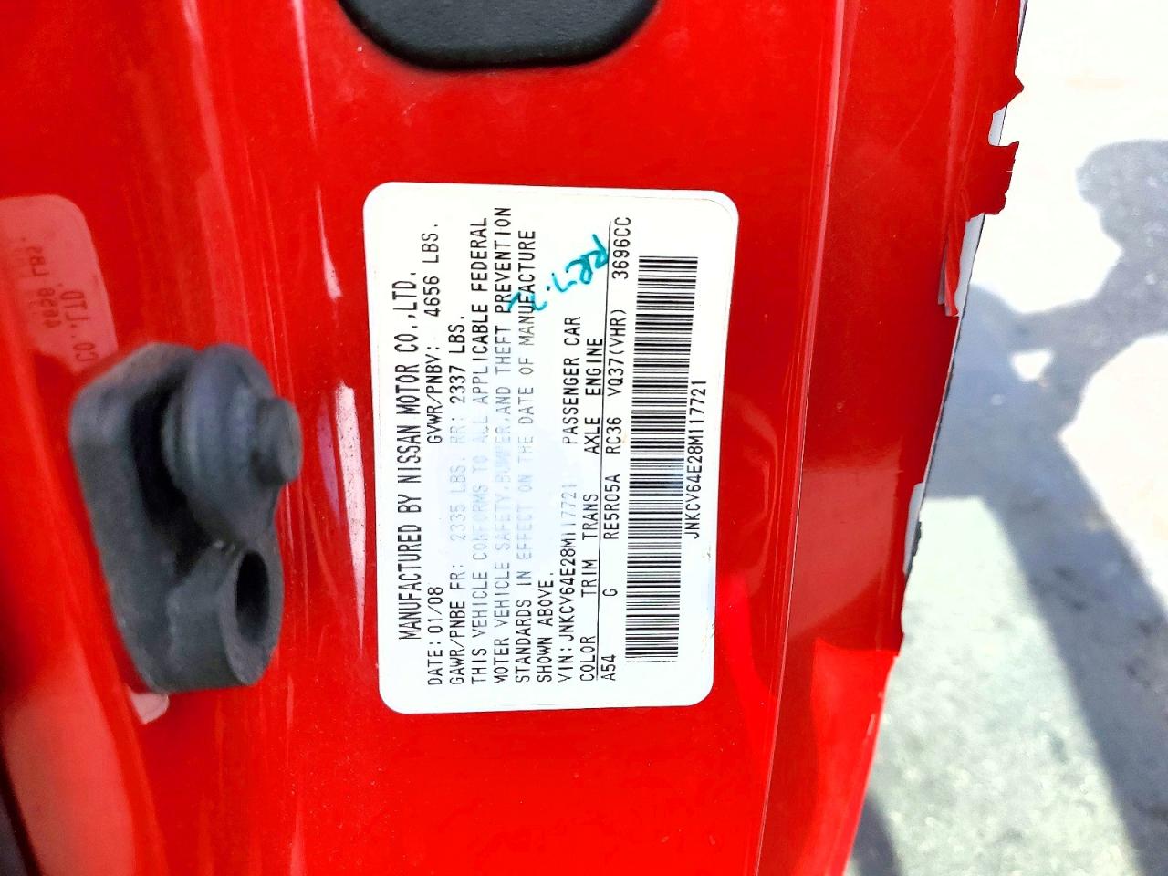 2008 Infiniti G37 Base Red vin: JNKCV64E28M117721