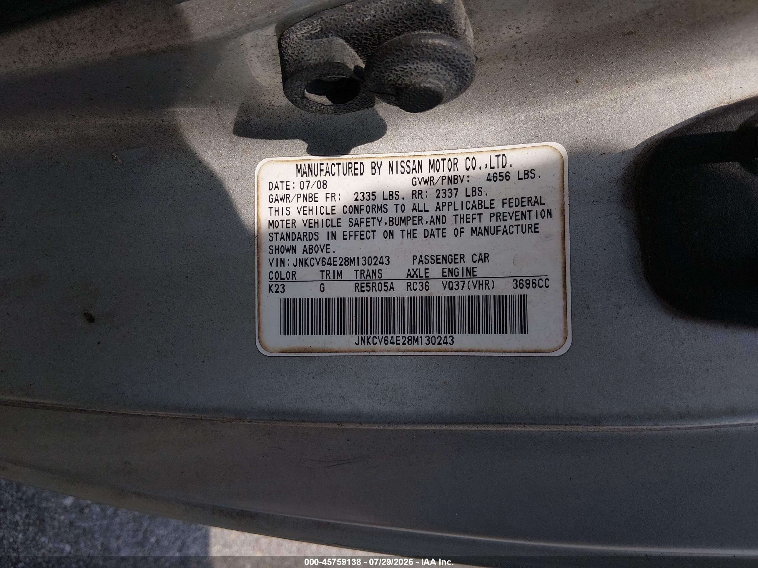 2008 Infiniti G37 Journey Silver vin: JNKCV64E28M130243