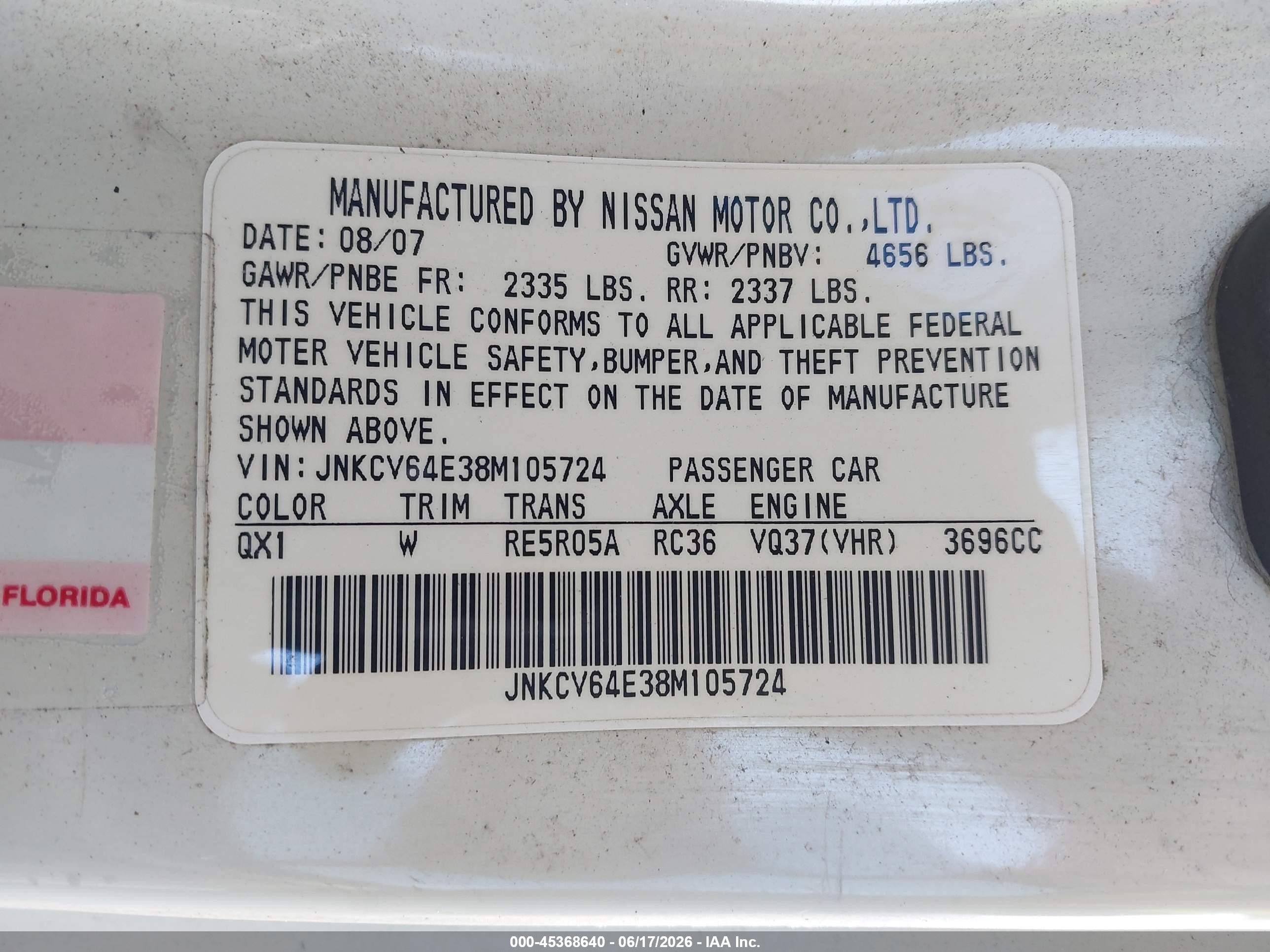 2008 Infiniti G37   White vin: JNKCV64E38M105724