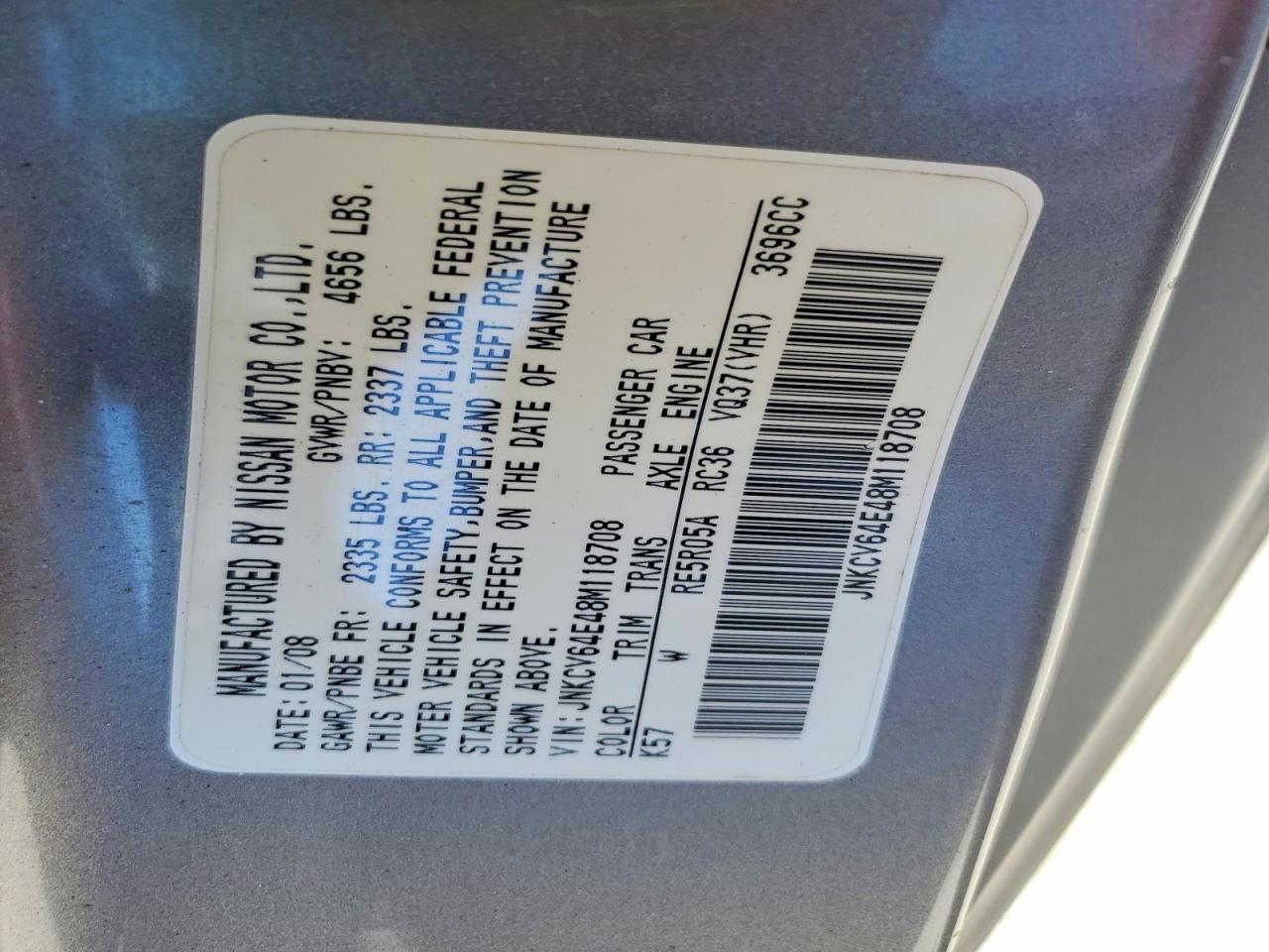 2008 Infiniti G37 Base Gray vin: JNKCV64E48M118708