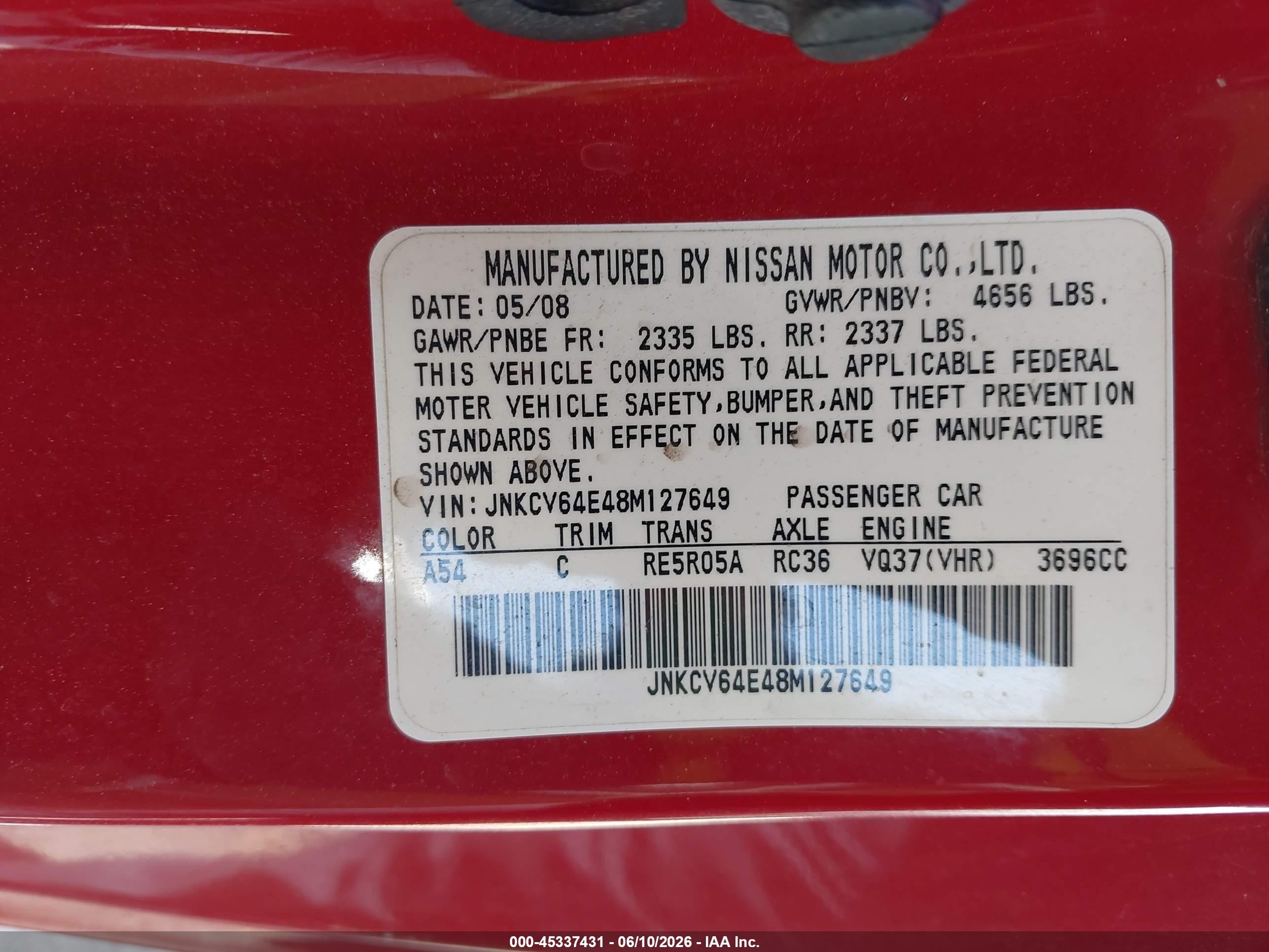 2008 Infiniti G37 Journey Red vin: JNKCV64E48M127649