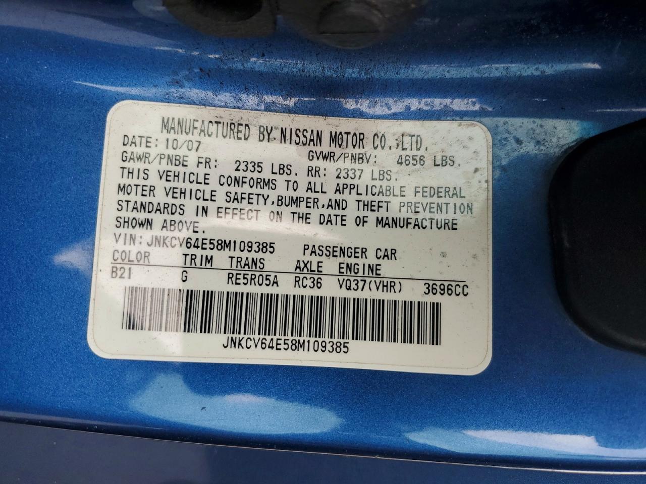 2008 Infiniti G37 Base Blue vin: JNKCV64E58M109385