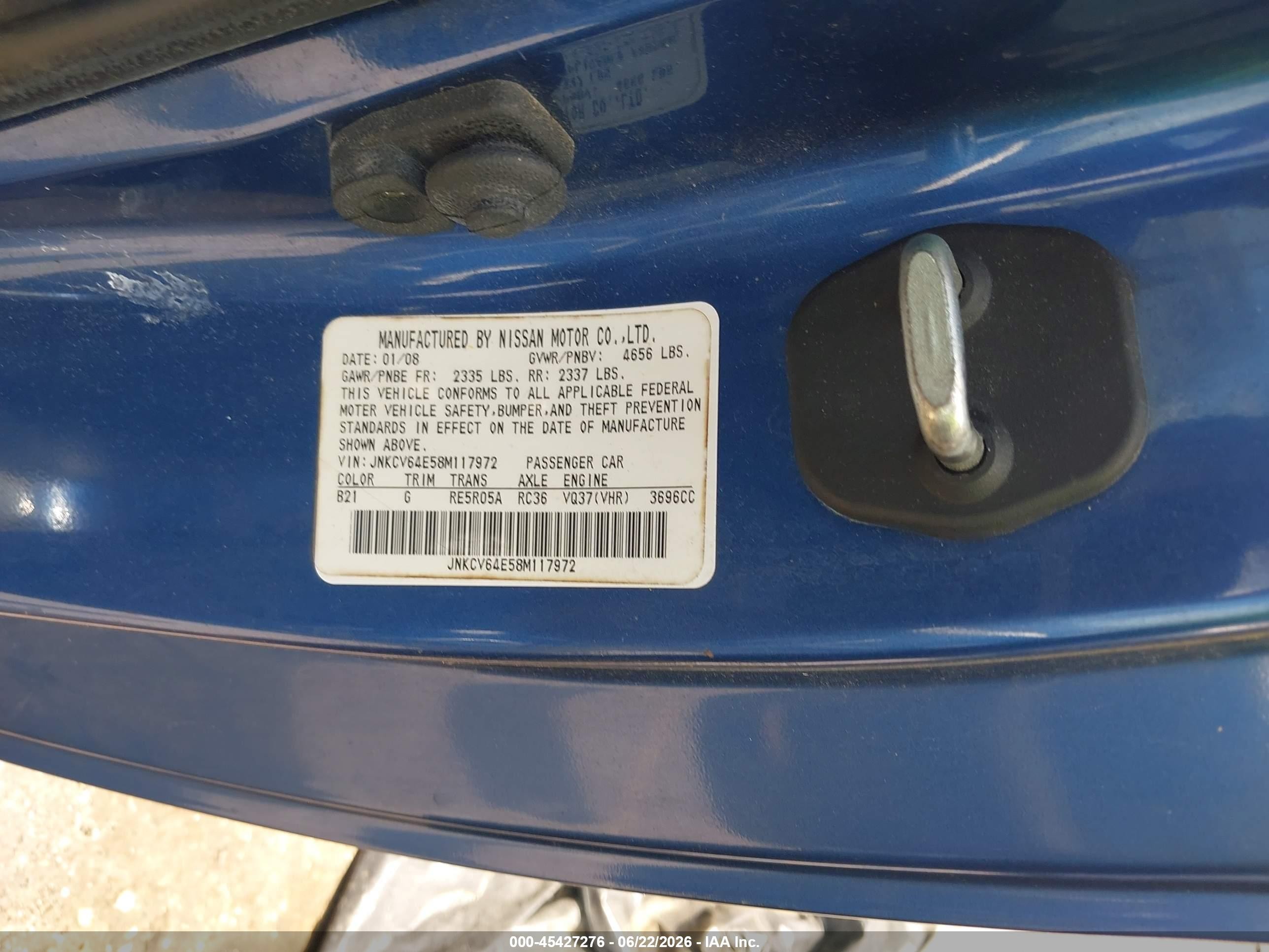 2008 Infiniti G37 Journey Blue vin: JNKCV64E58M117972