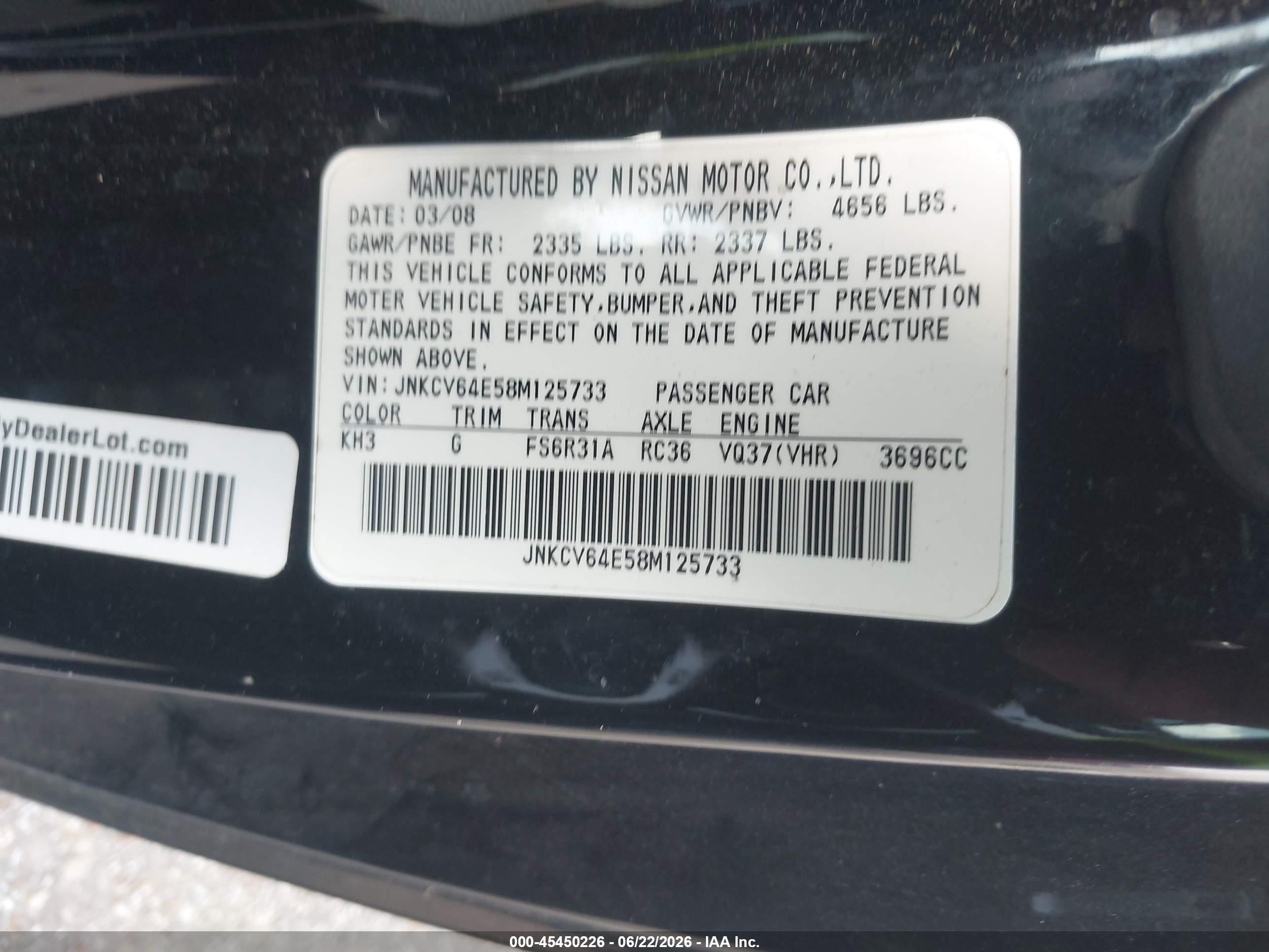 2008 Infiniti G37 Sport Черный vin: JNKCV64E58M125733