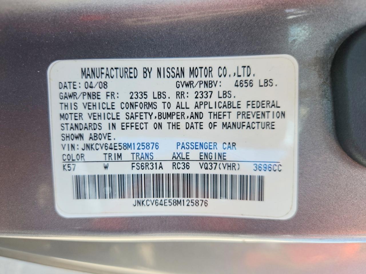 2008 Infiniti G37 Base/journey/sport Silver vin: JNKCV64E58M125876