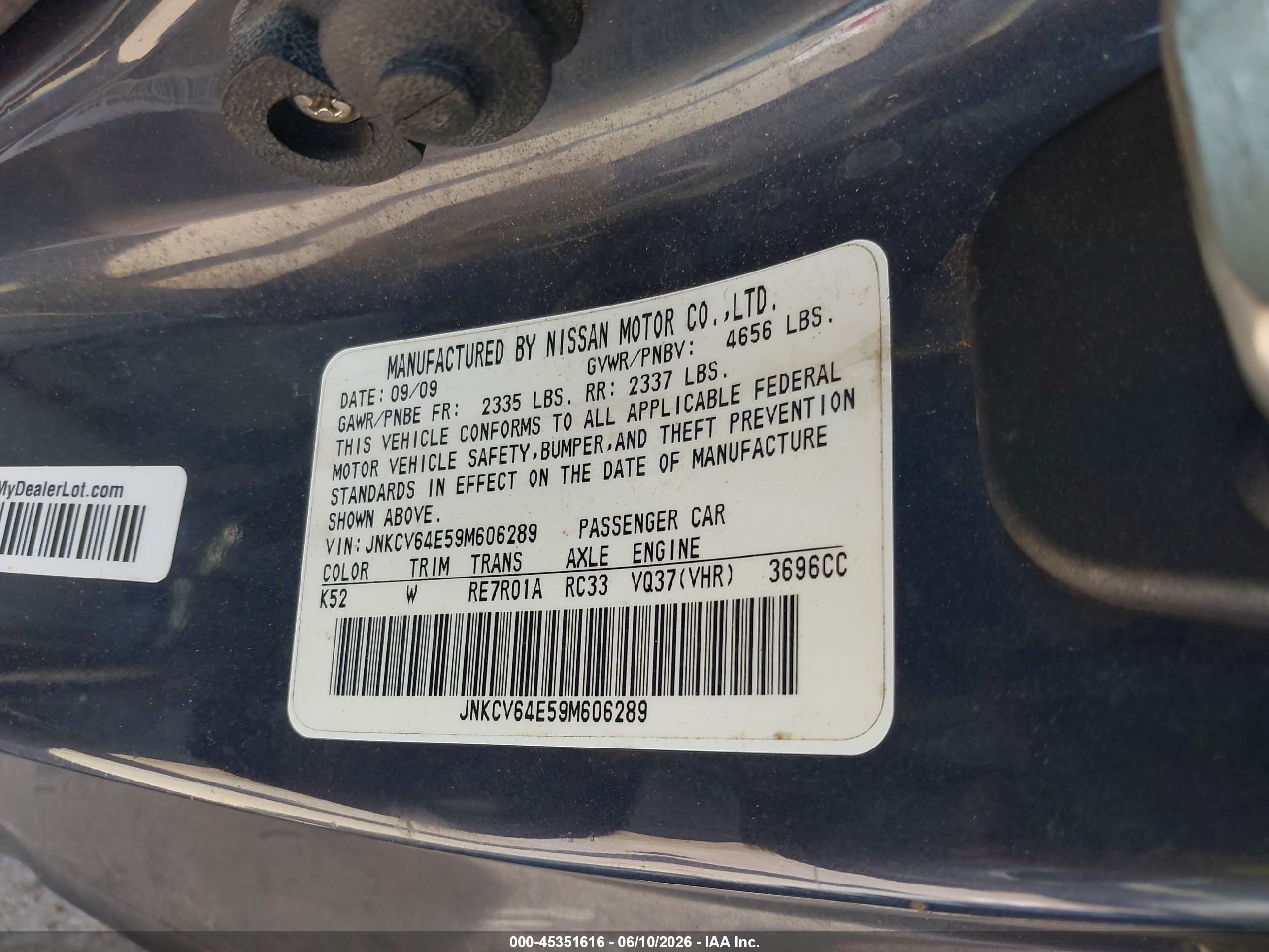 2009 Infiniti G37 Journey Blue vin: JNKCV64E59M606289