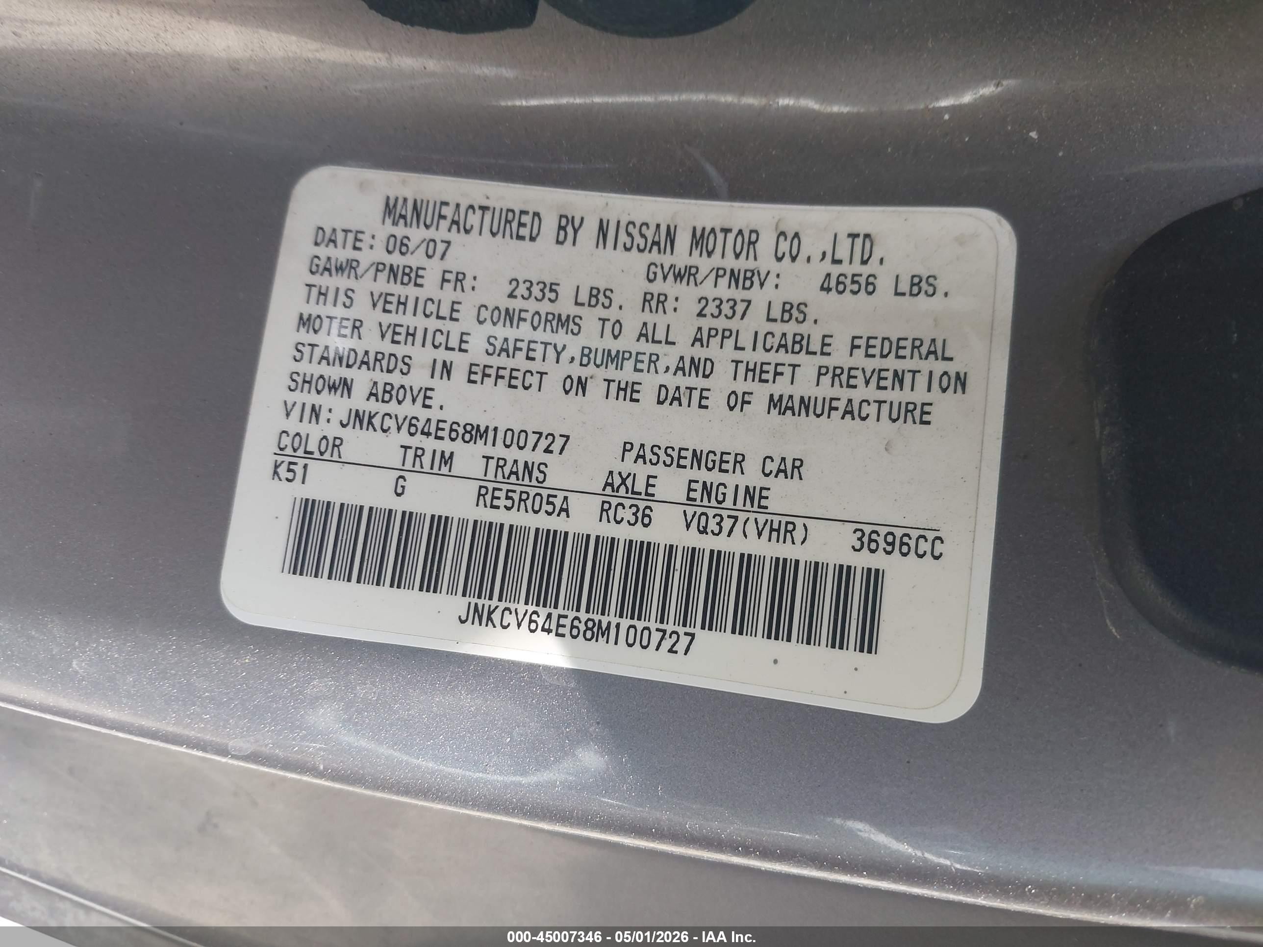 2008 Infiniti G37 Journey Silver vin: JNKCV64E68M100727