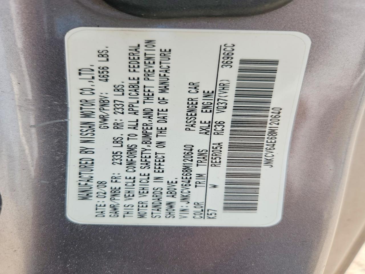 2008 Infiniti G37 Sport Gray vin: JNKCV64E68M120640