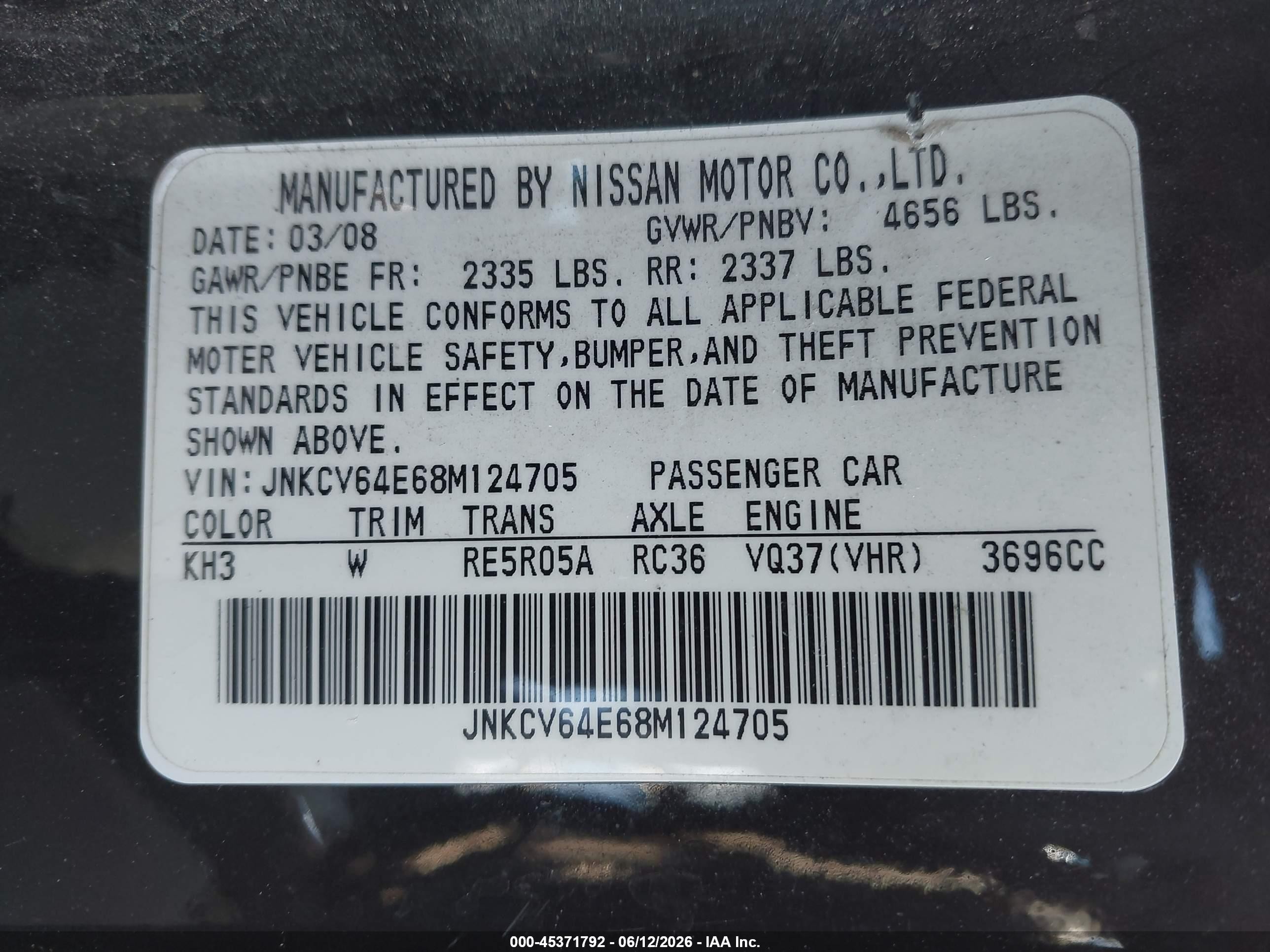 2008 Infiniti G37 Journey Black vin: JNKCV64E68M124705