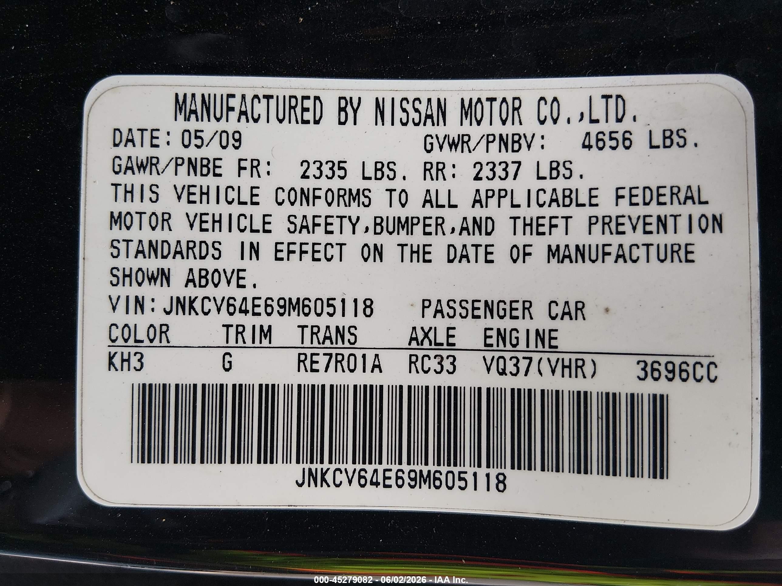 2009 Infiniti G37 Journey Black vin: JNKCV64E69M605118