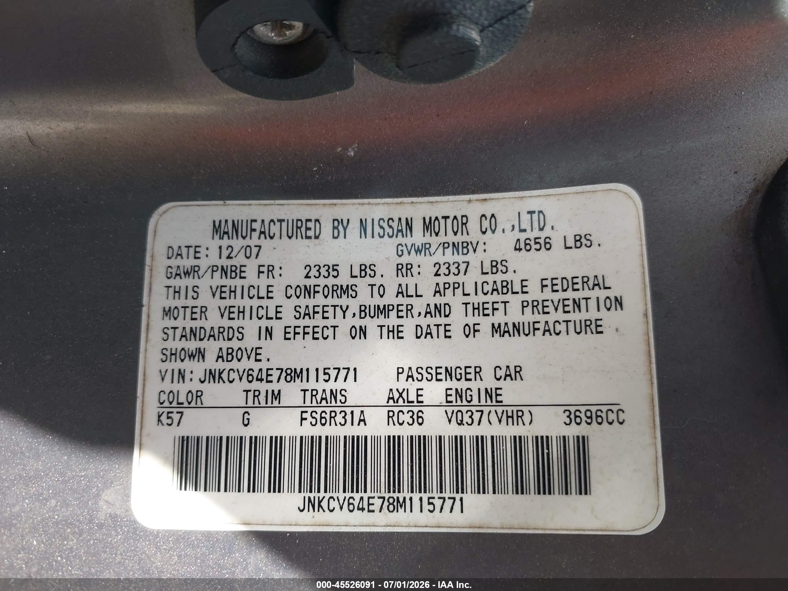 2008 Infiniti G37 Sport Silver vin: JNKCV64E78M115771