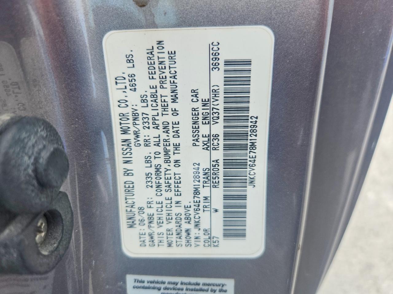 2008 Infiniti G37 Base Charcoal vin: JNKCV64E78M128942