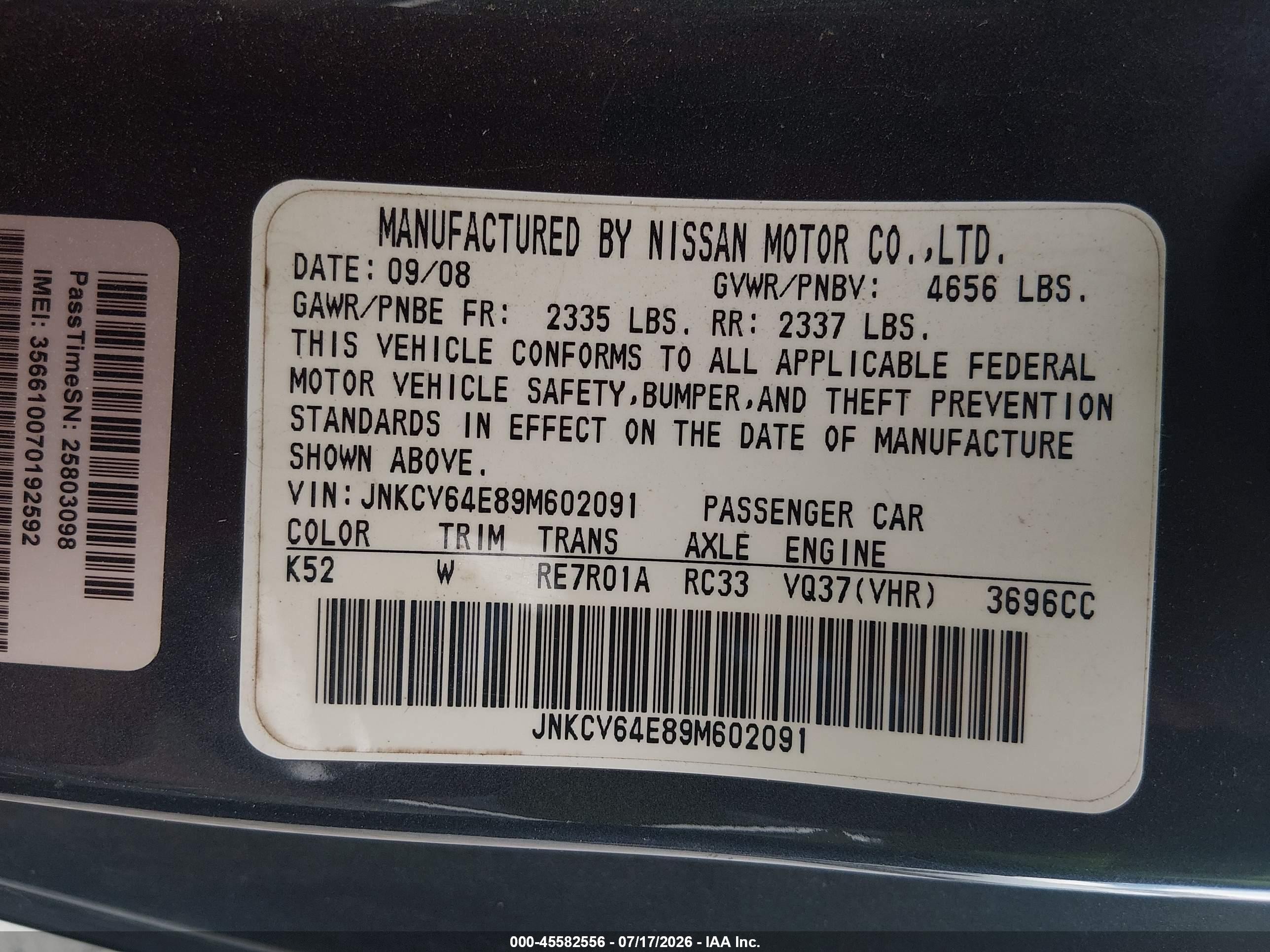 2009 Infiniti G37 Journey Gray vin: JNKCV64E89M602091