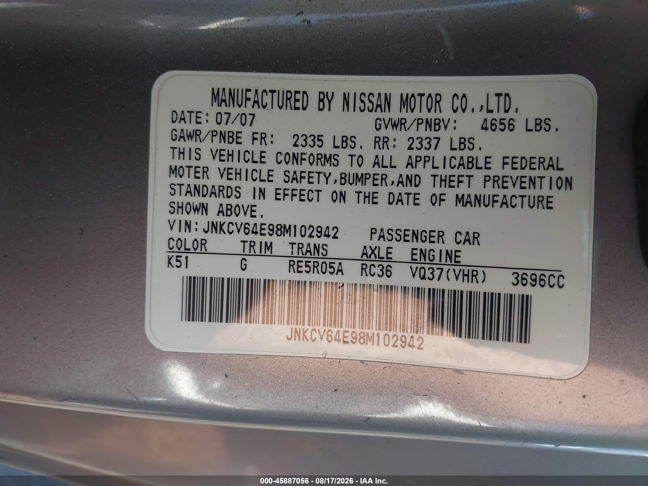 2008 Infiniti G37 Journey Silver vin: JNKCV64E98M102942